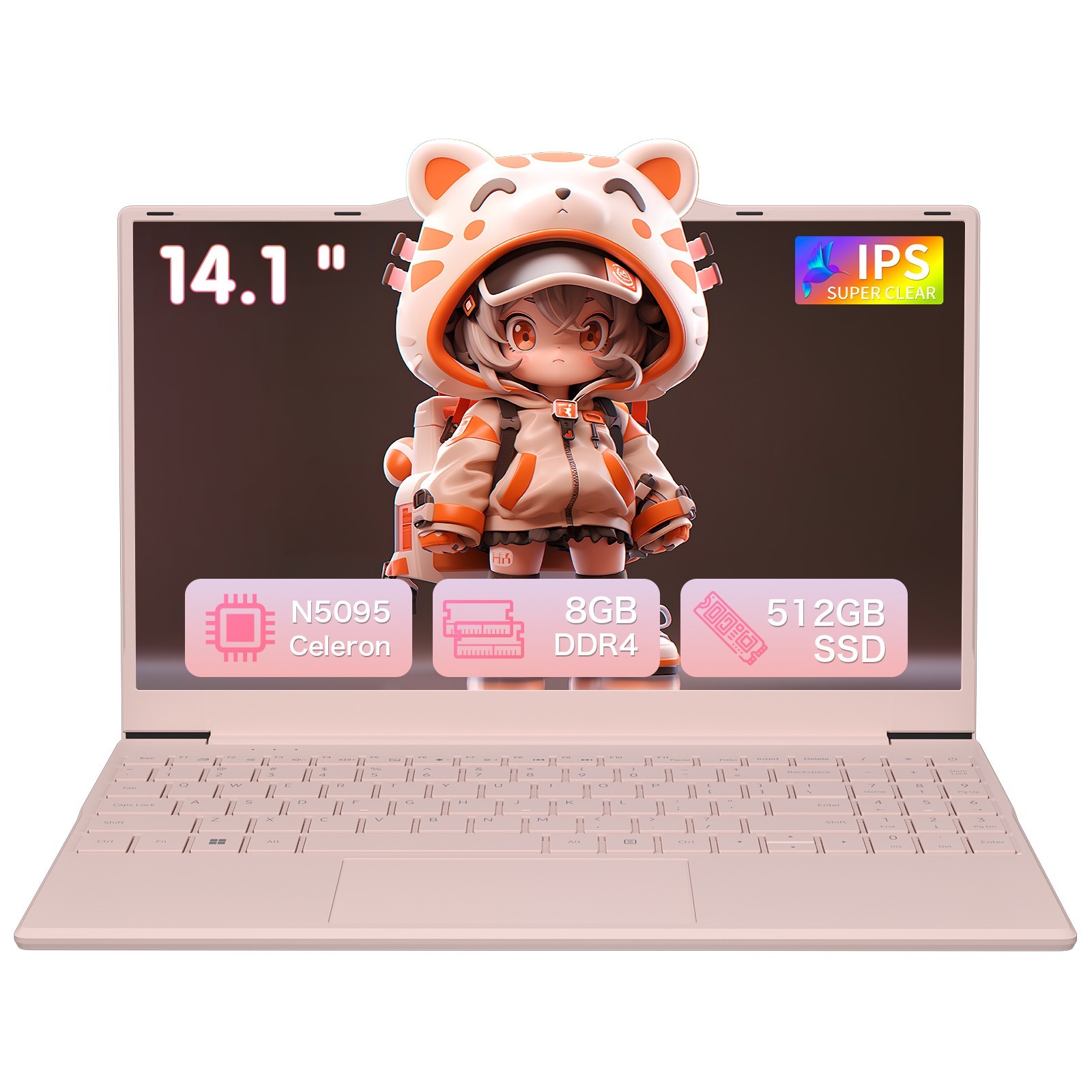 Auusda 14.1” Pink Laptop Intel N5095 8GB RAM 512GB SSD W11 Pro FHD Dual Channel
