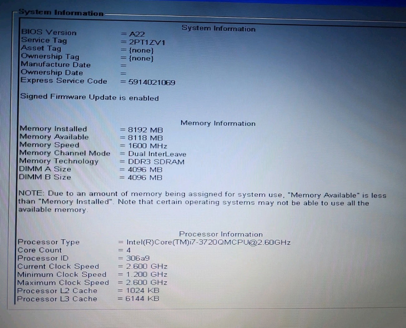 Dell Latitude E6530 i7-3720Q CPU@2.6GHz 8GB RAM No HDD No OS No Batt(626A3)