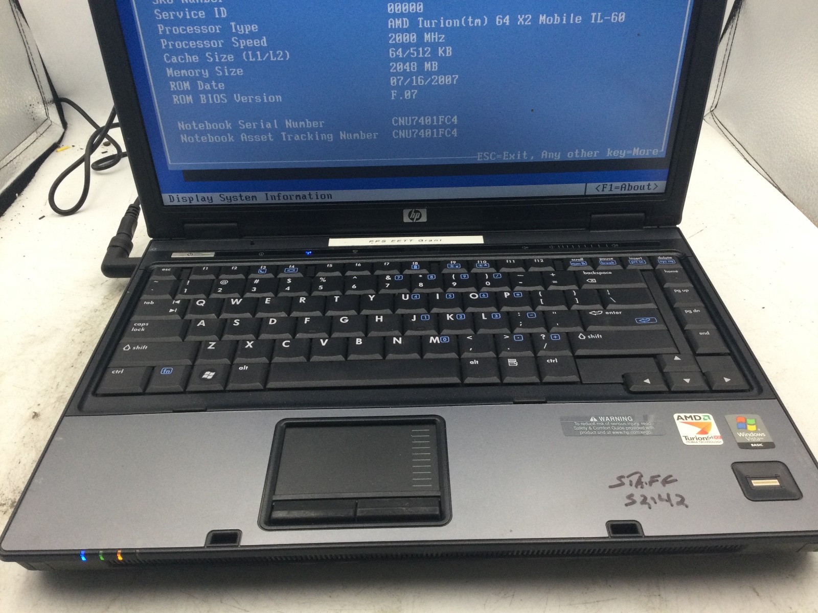 HP PROBOOK 6515B – BOOTS TO BIOS – AMD TURION – NO RAM – 15″ – READ DESCRIP -BB