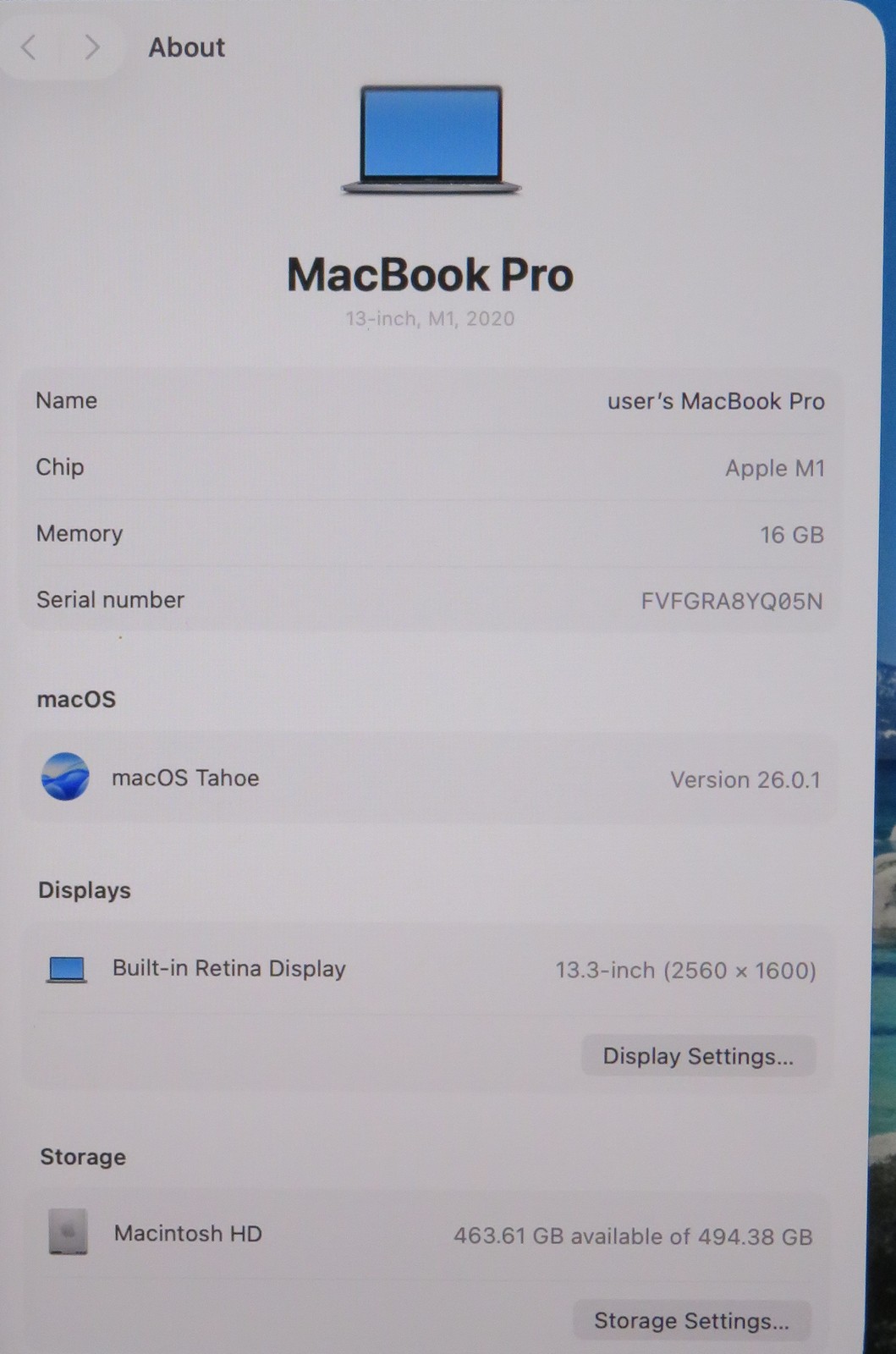 Apple Macbook Pro 2020 13in Retina M1 16GB RAM 512GB macOS Tahoe A2338