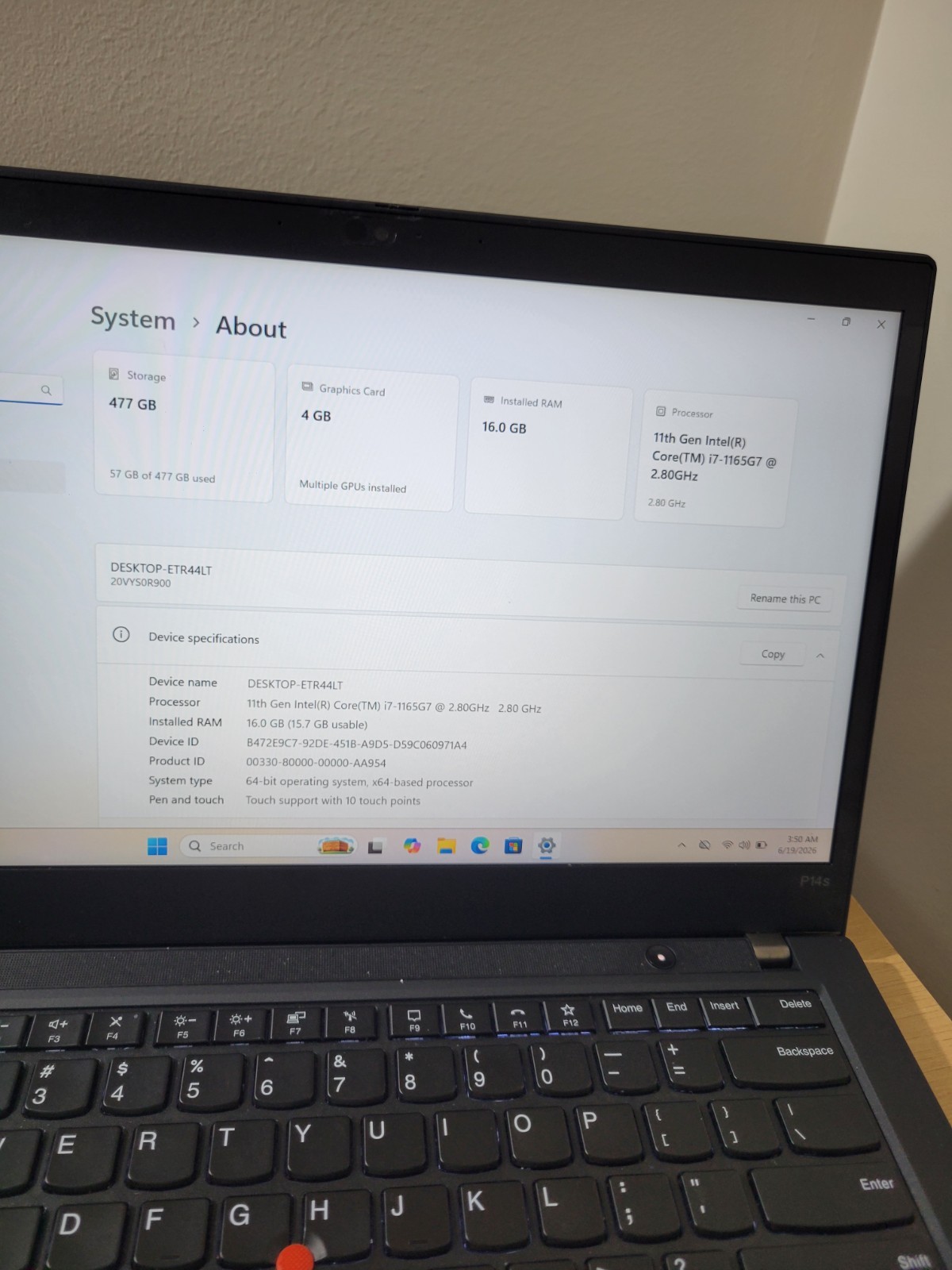 Lenovo Thinkpad P14s G2 I7 1165G7 W/ Dedicated GPU 16Gb 512Gb Touch. Very Good