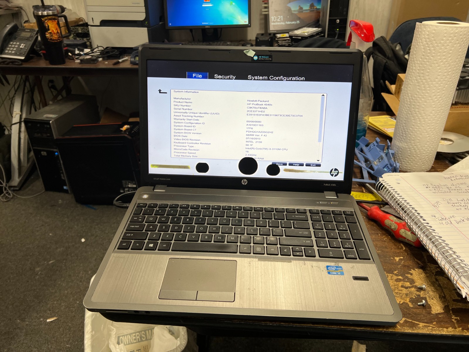 HP ProBook 4540s – i3- 3110m 2.40GHz 4GB No HDD No OS