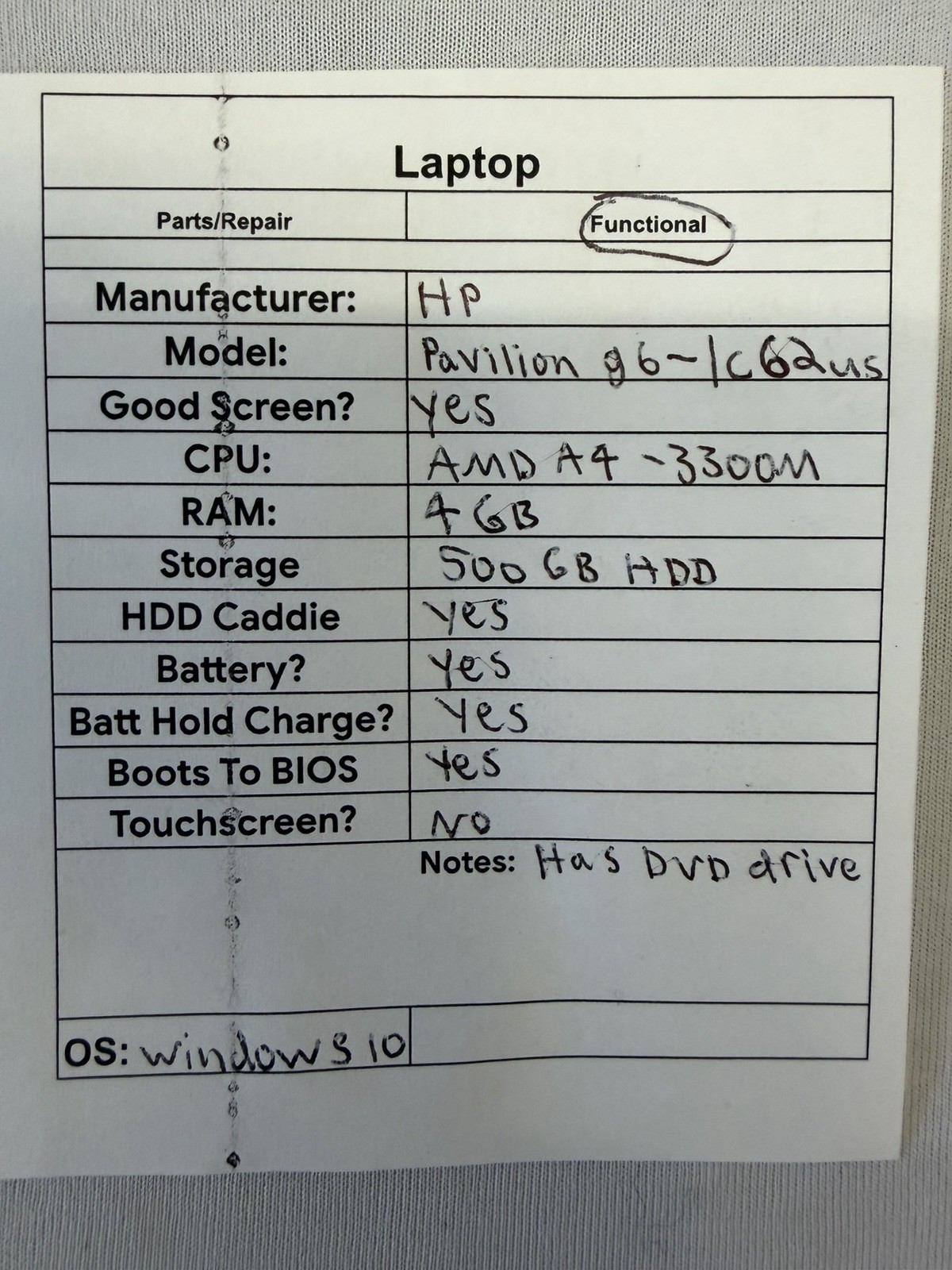 HP Pavillion g6-1c62us Laptop – Good Screen – AMD A4-3300M – Read Des