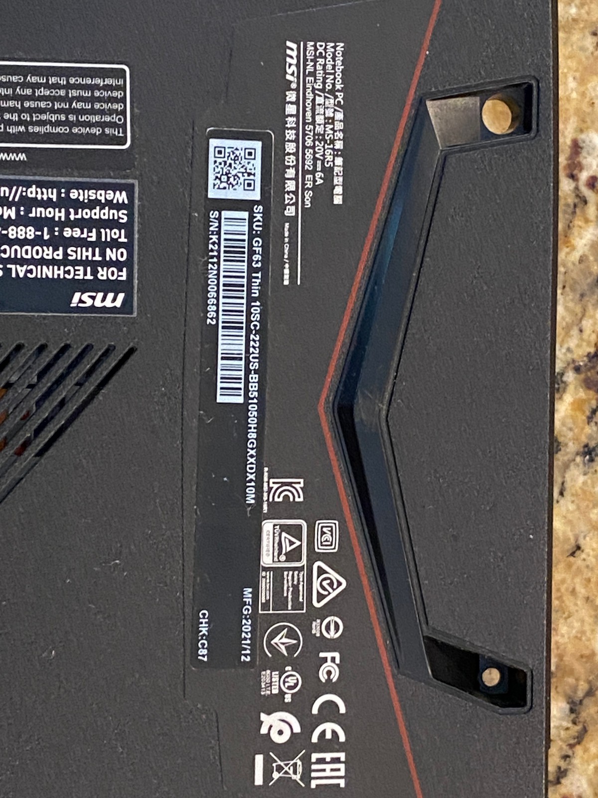 MSI Gaming Laptop GF63 Thin 10SC-222US-BB51050H8GXXDX10M – No HDD – Boots Fine