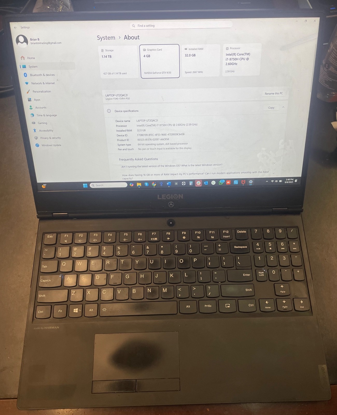 LENOVO LEGION Y540-15IRH | CORE I7-9750H | 1TB | 32GB RAM | 237GB SSD | 2.60 GHZ