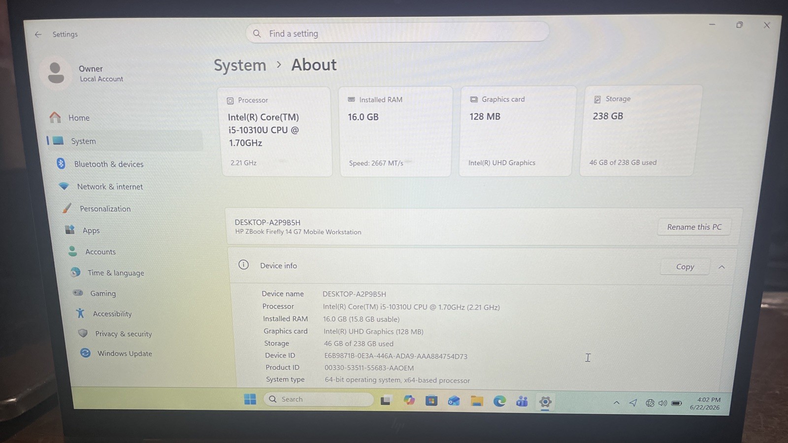 HP Z Book Firefly 14 G7 14″ i5-10310U@1.7GHz, 16GB RAM, 256 GB M2, W11P *READ*