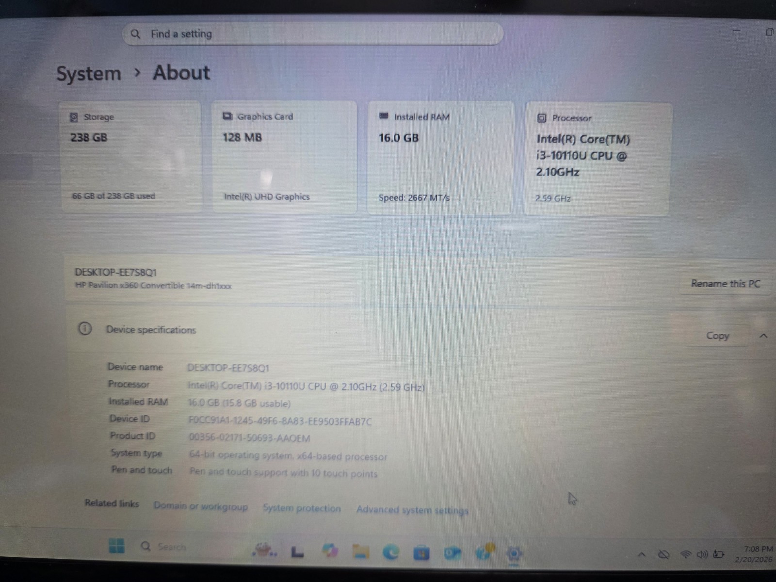 14″ HP Pavilion x360 14M-DH1001DX Intel Core i3 10110U 8GB RAM 256GB NVMe Win 11