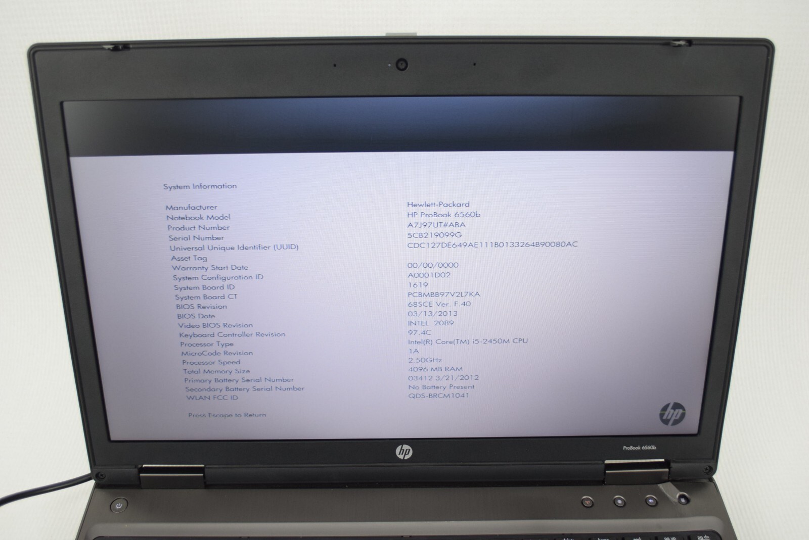 HP 6560b Intel Core i5-2450M 2.50 GHz 4GB Laptop Computer NO HDD NO OS