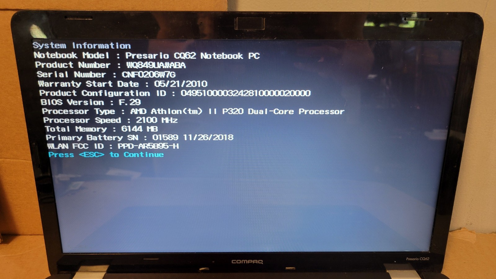 COMPAQ PRESARIO CQ62 Athlon II P320 2.10 GHZ 6gb Ram BOOTS TO BIOS