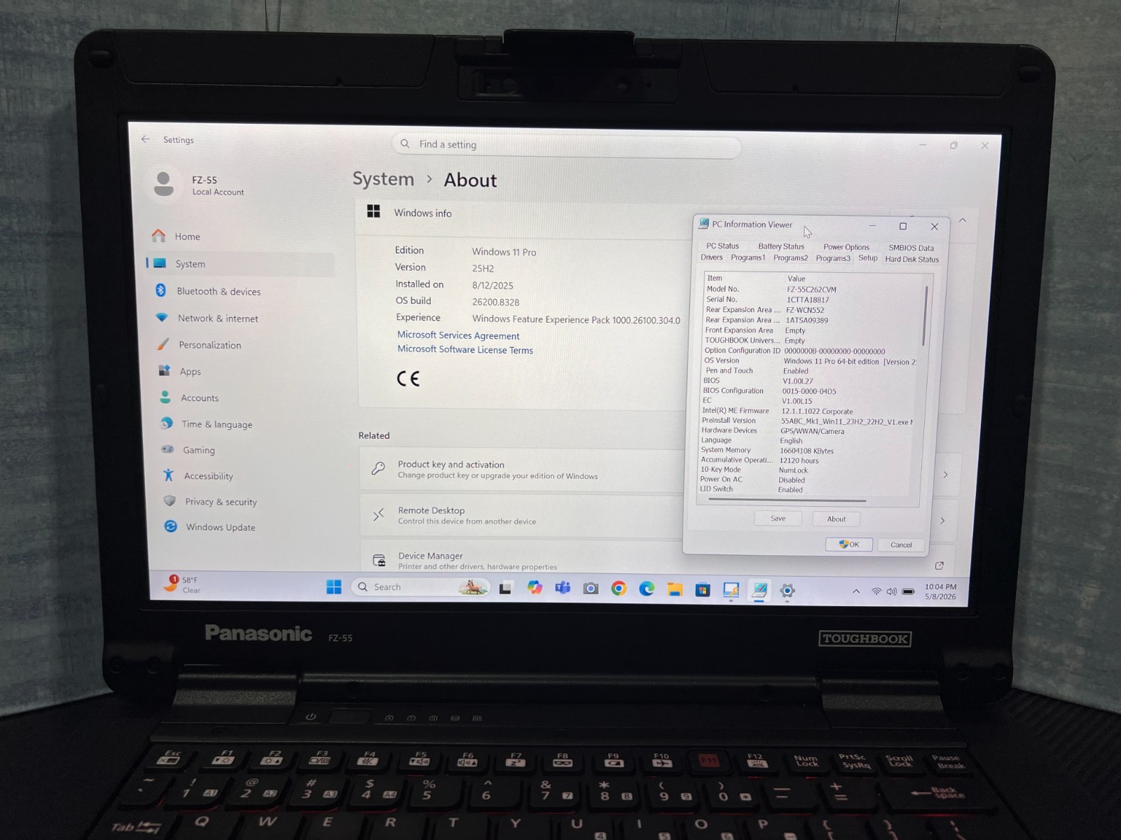 FZ-55C262CVM i5-8365U, 512GB SSD,16GB Mem,GPS,VGA,HDMI,Touchscreen,Win11 25H2.