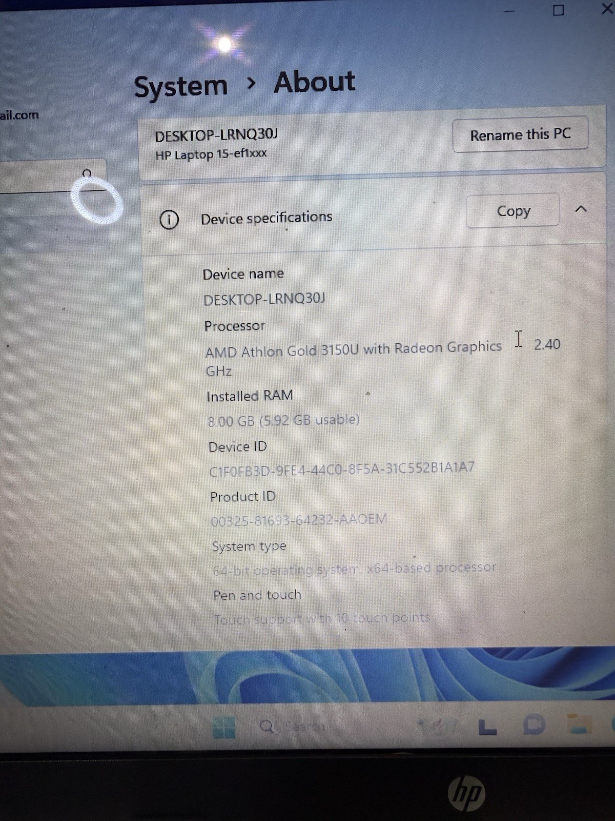 HP 15.6″ Laptop AMD Athlon Gold 3150U 2.40GHz 8GB 256GB Touch Screen ￼