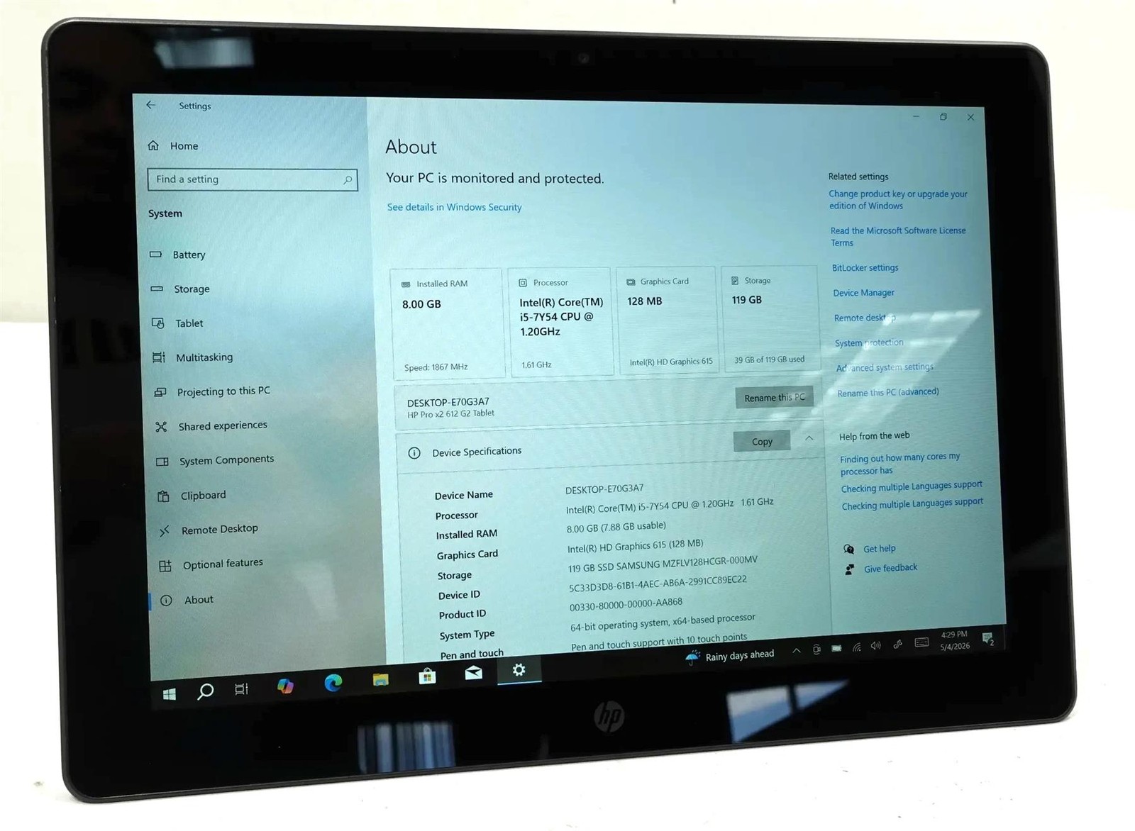HP Pro X2 612 G2 Tablet Core i5-7Y54 1.20GHz 8GB 128GB SSD