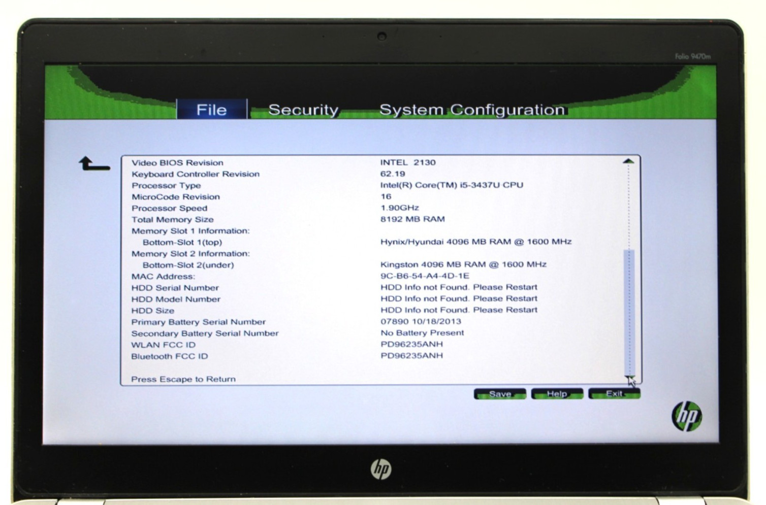 HP EliteBook Folio 9470m i5-3437U@1.9GHz 8GB DDR3 256GB SATA NO OS *USED/TESTED*