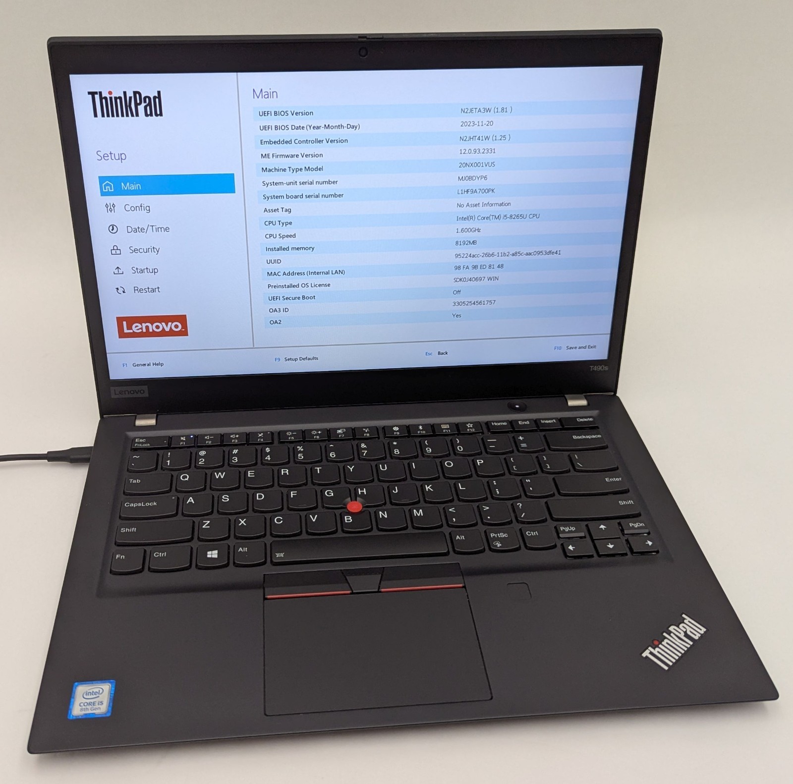 Lenovo ThinkPad T490s 14″ Laptop i5-8265U 1.60GHz 8GB RAM 256GB NVMe Windows 11