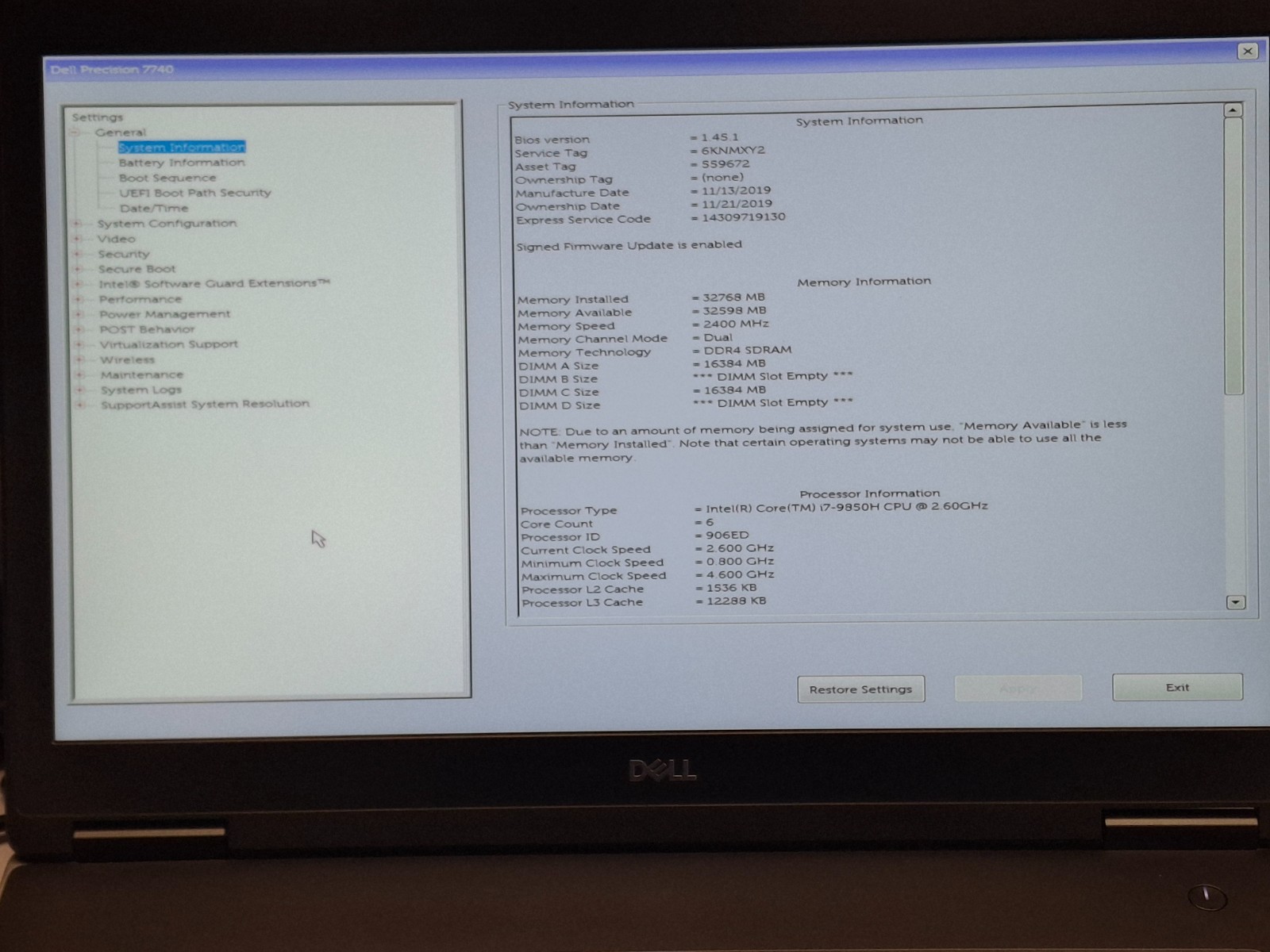 DELL PRECISION 7740 17.3″ I7-9850H 256GB SSD 32GB RAM NVIDIA RTX 4000 WIN 11 PRO