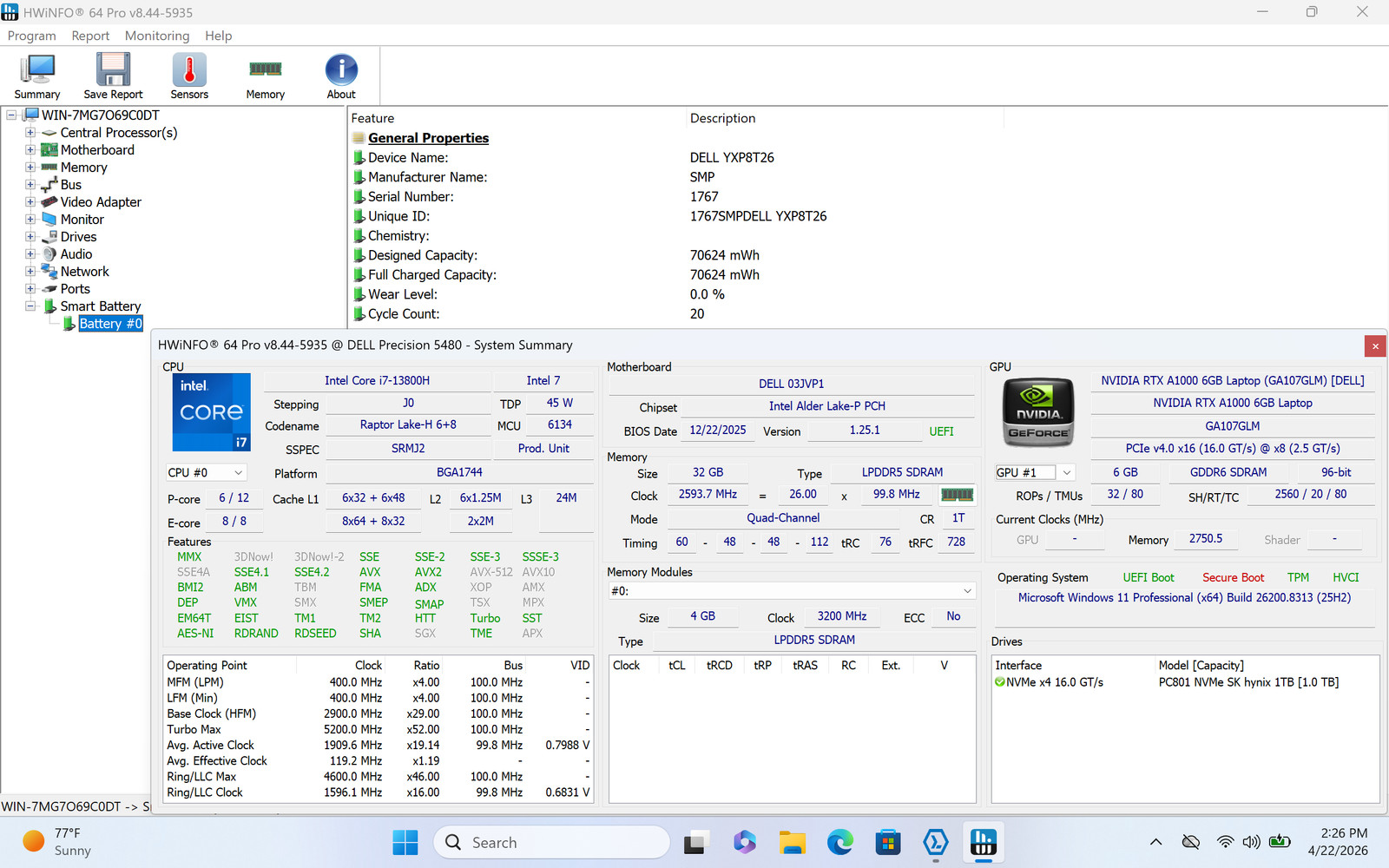 Dell Precision 5480 14″ WQXGA Touch I7-13800H 1TB SSD 32GB W11P RTX A1000