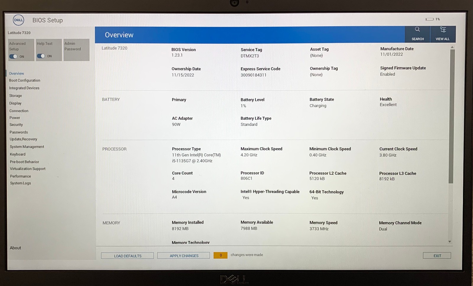 Dell Latitude 7320 13.3″ Laptop i5-1135G7 8GB RAM, No Storage, Boots to BIOS
