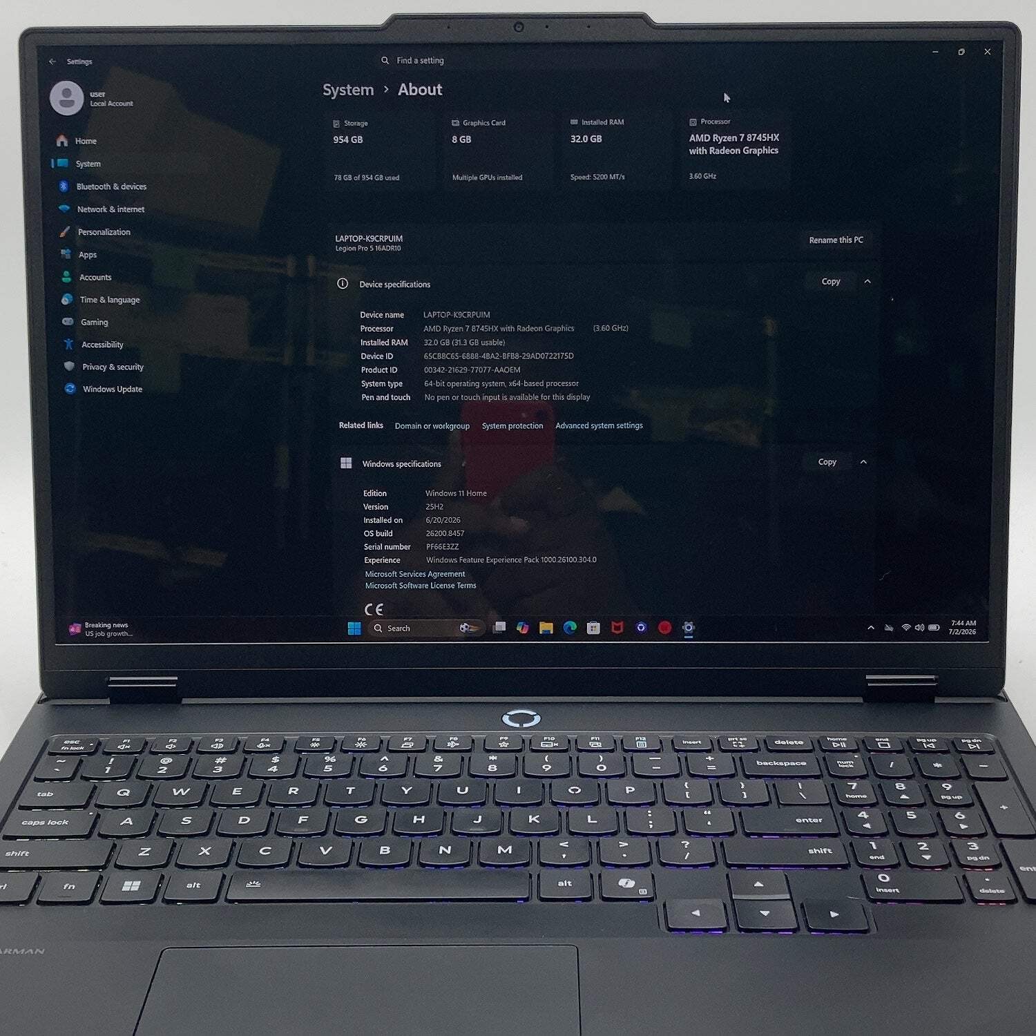 Legion 5 Pro Gen 10 16″ Ryzen 7 8745HX 3.6GHz 32GB RAM 1TB SSD GeForce RTX 5060
