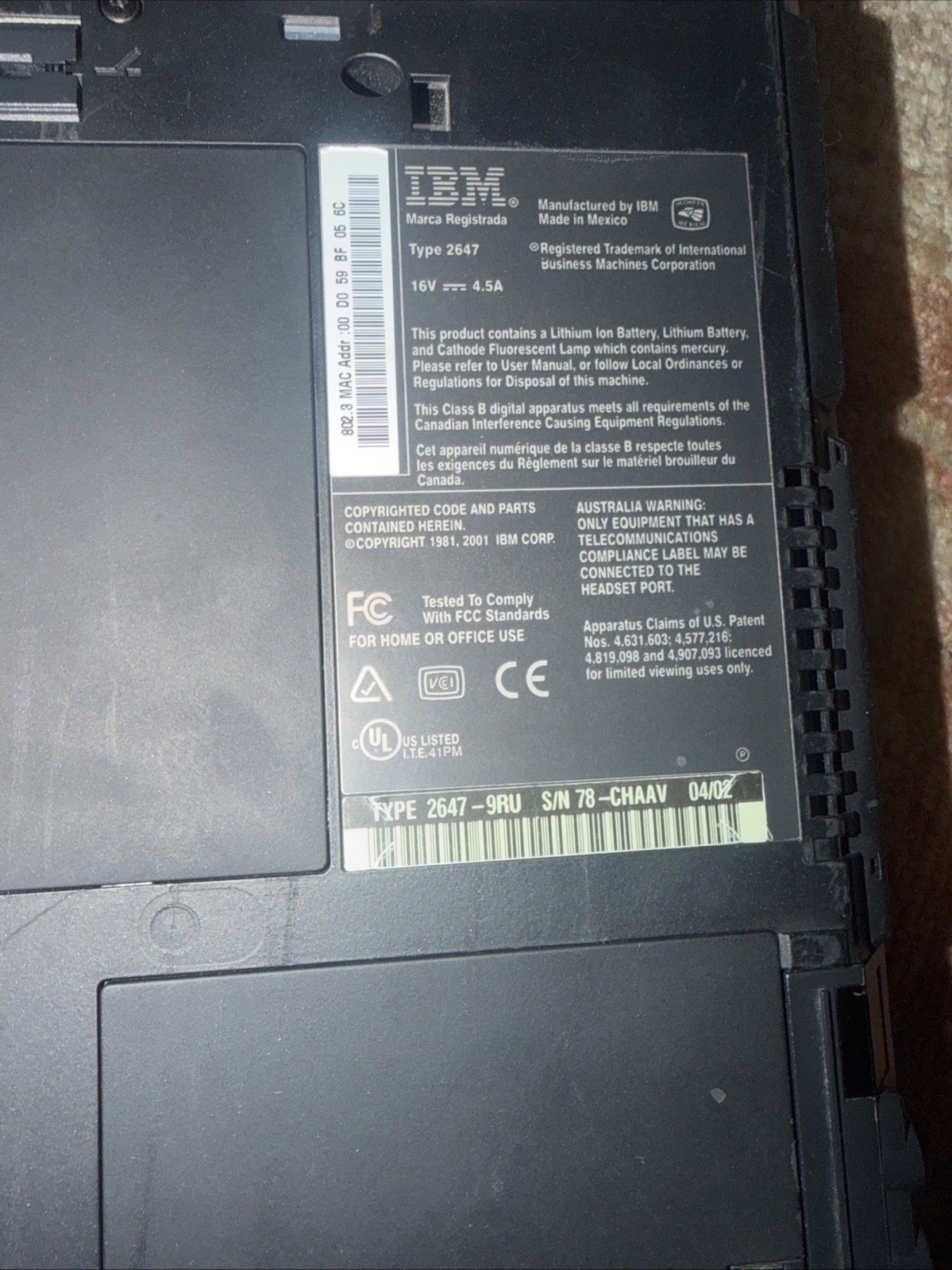 IBM ThinkPad Laptop Type 2647 Vintage Windows Xp 1-2CPU Parts As Is