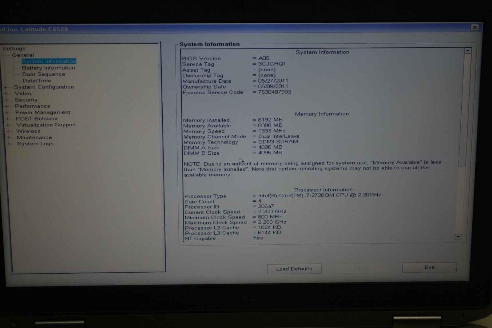 Dell Latitude E6520 Intel Core i7-2720QM @ 2.20GHZ 8GB Ram No HD #W165