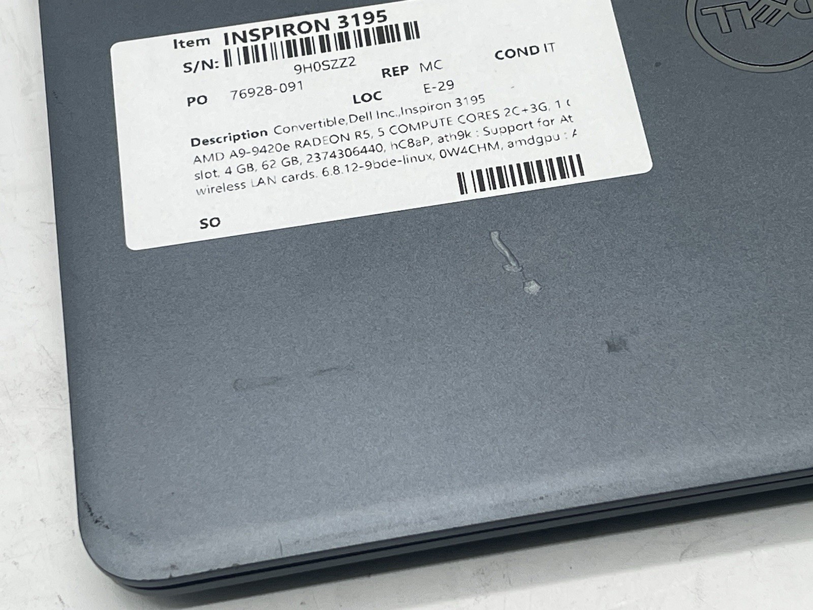 Dell Inspiron 3195, 63GB EMMC, AMD A9-9420e, Radeon R5, 4GB RAM, No OS/Adapter