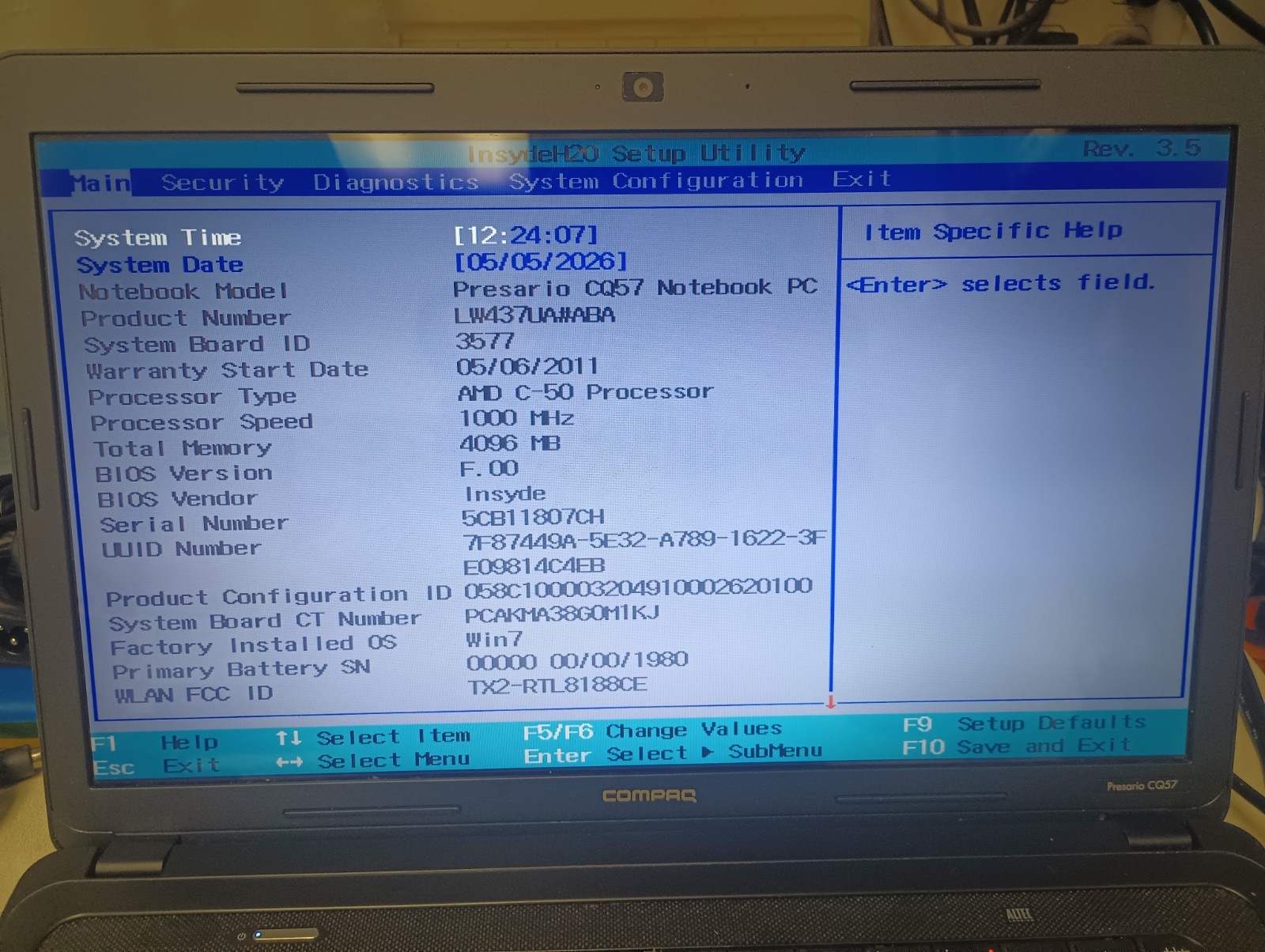 Compaq Presario CQ57-229WM AMD C-50 1.00 GHz 4 GB Ram NO HDD Boot To Bios