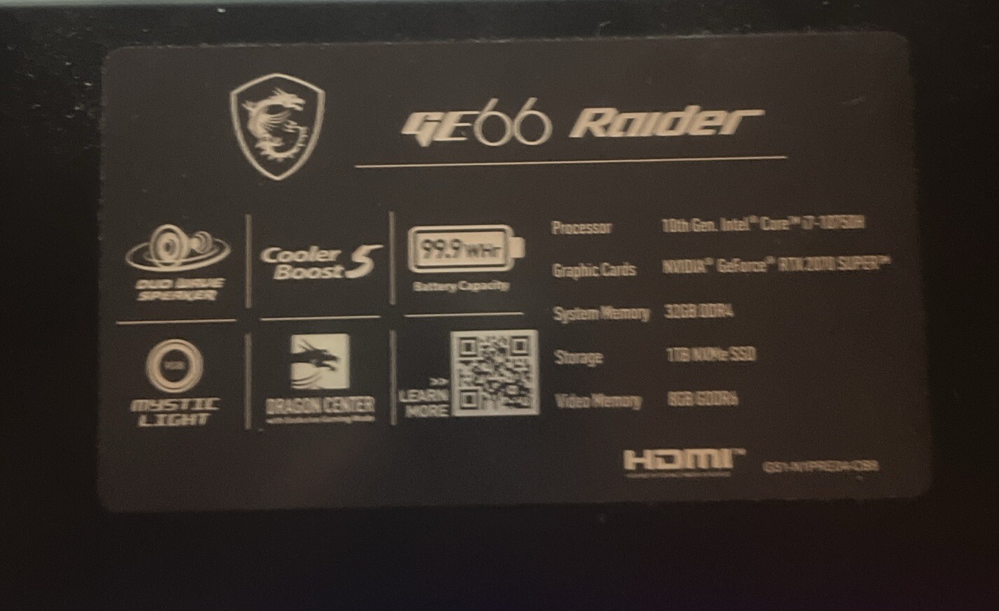 MSI GE66 Raider Gaming Laptop, RTX 2070 SUPER, Intel i7 10th Gen