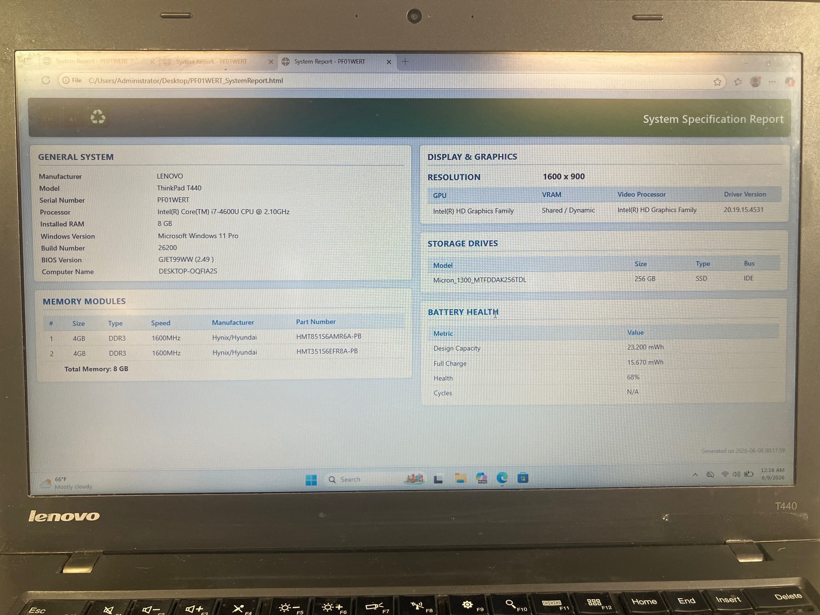 Lenovo ThinkPad T440 Intel Core i7-4600U 8 GB 256GB SSD 14″