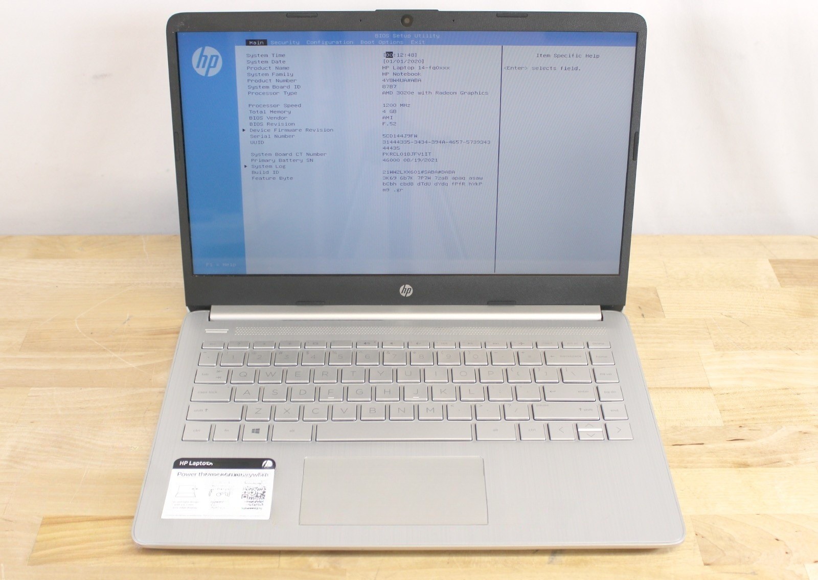 HP Laptop 14-fq0122od AMD 3020E 2.60GHz 4GB RAM No Drive Silver Grade B