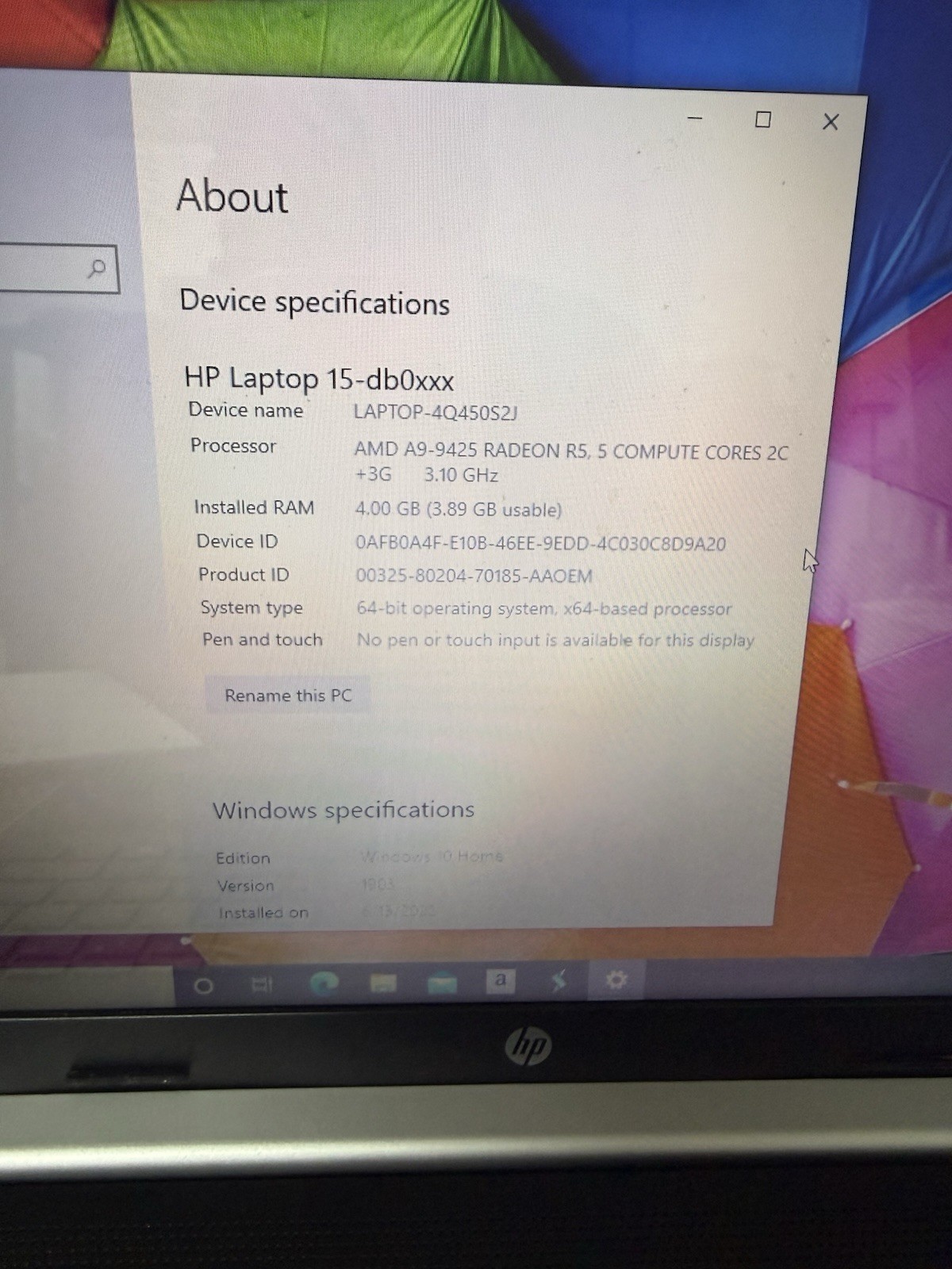 HP Laptop 15-db0031nr 15-inch 3.1GHZ AMD A9 4GB RAM 1TB Hard Drive WEAK BATTERY