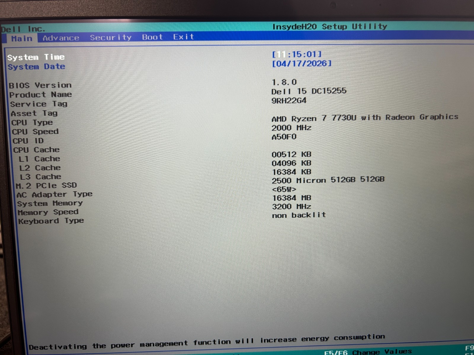 DELL 15 DC15255 G8MK9, AMD Ryzen 7 7730U, 2.00 GHz, 16 GB RAM, 512 GB NVMe SSD