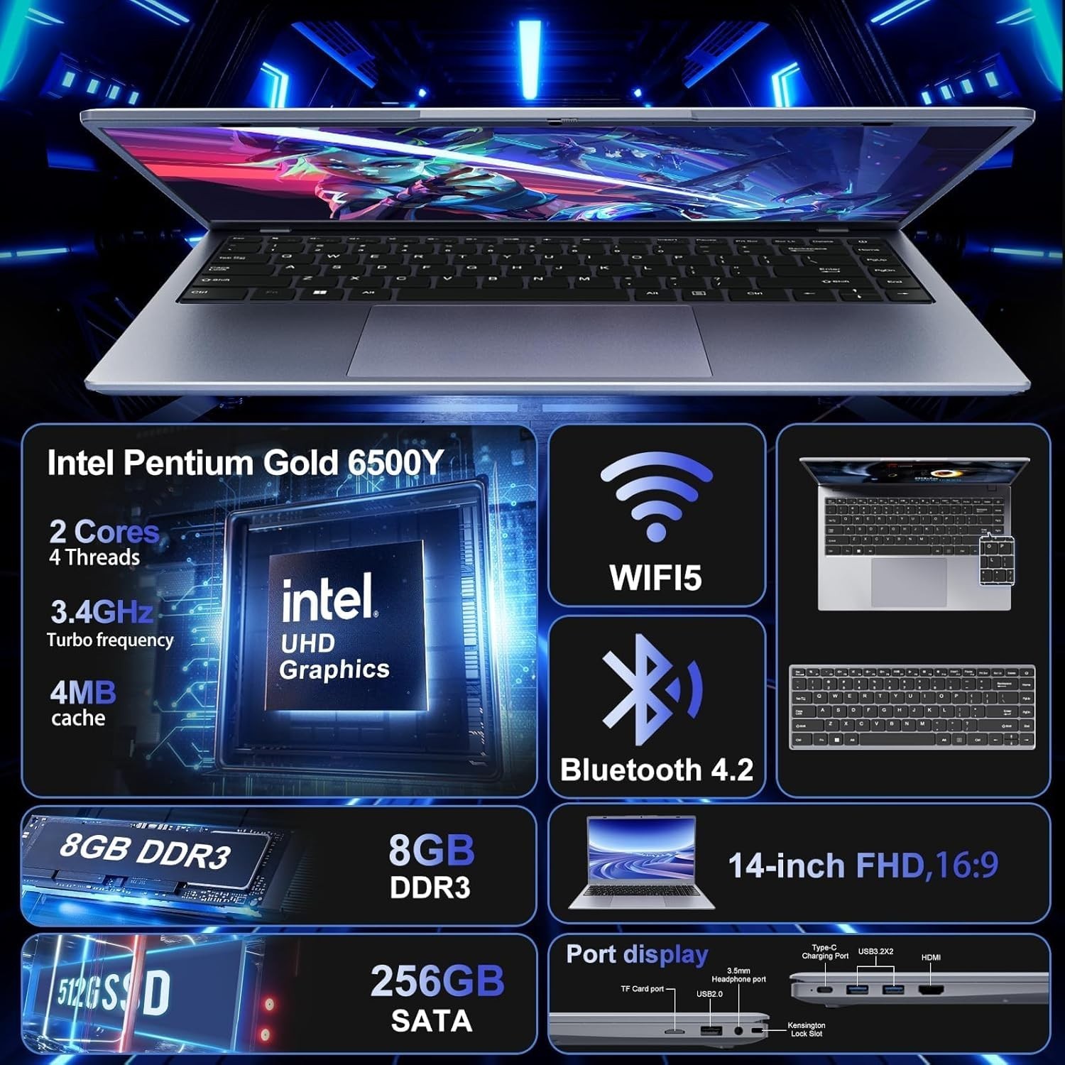2026 Silver Laptop, Pentium Gold 6500Y ProcessorUp to 3.4GHz,8GB RAM 256GB SS…