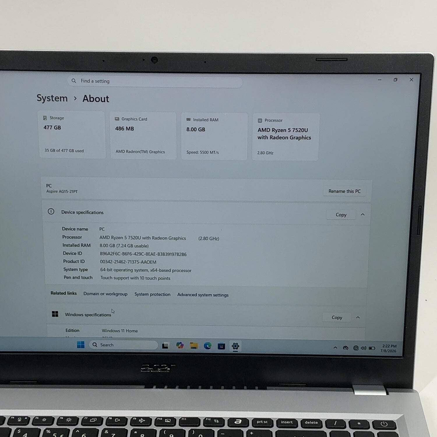 Acer Aspire Go 15 N23C3 15.6″ Ryzen 5 7520U 2.8GHz 8GB RAM 512GB SSD