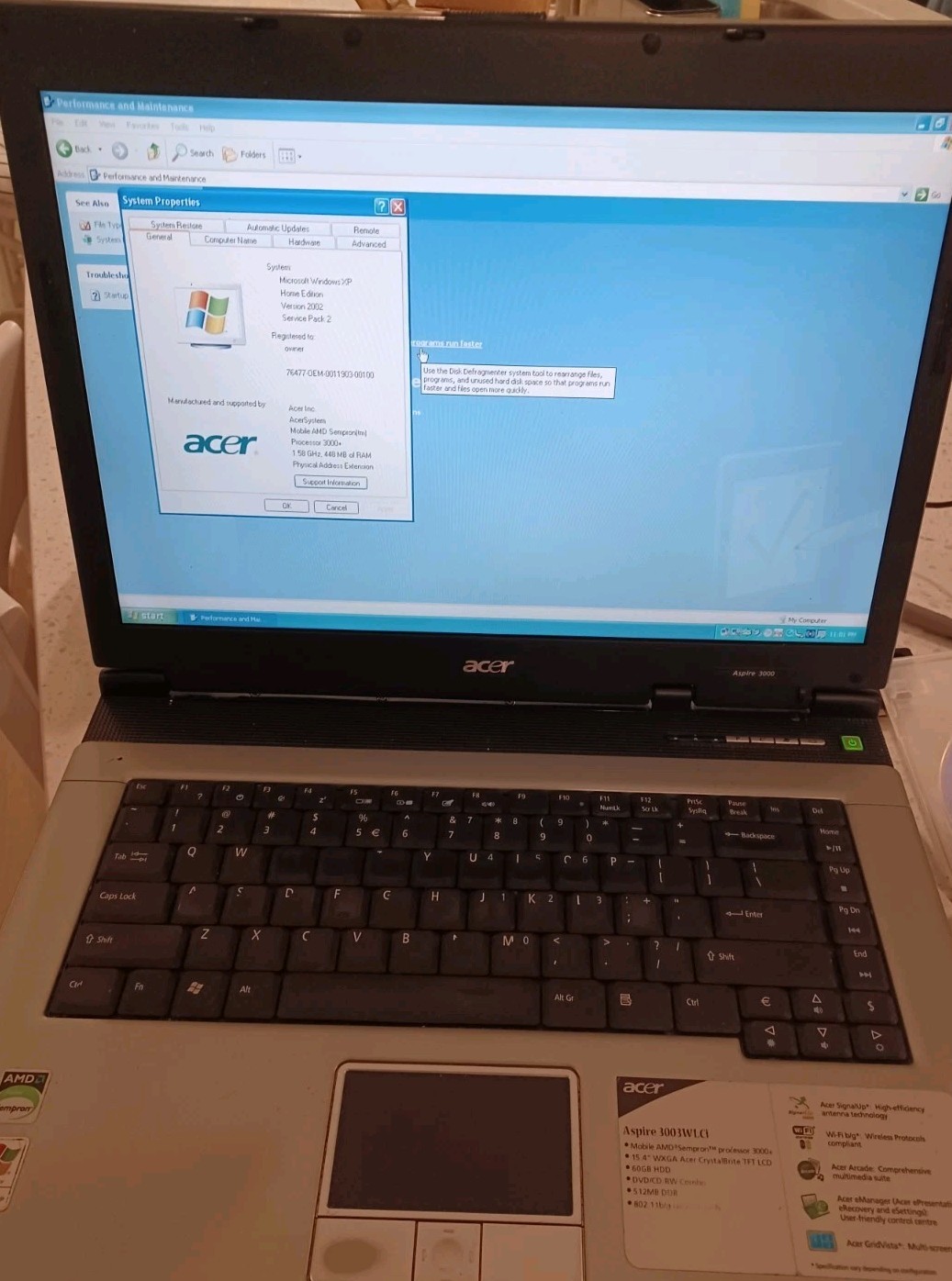 Acer Aspire 3004WLCi AMD Mobile Sempron 3100+ 1800MHz 447 MB – Works!-