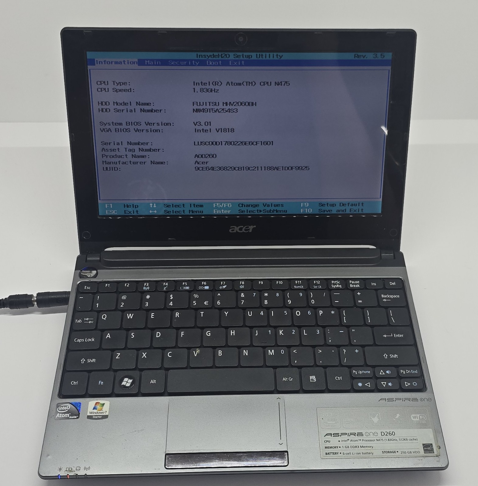 Acer Aspire One D260 10.1″ Silver Netbook Intel Atom 1GB RAM 60GB HDD NO OS