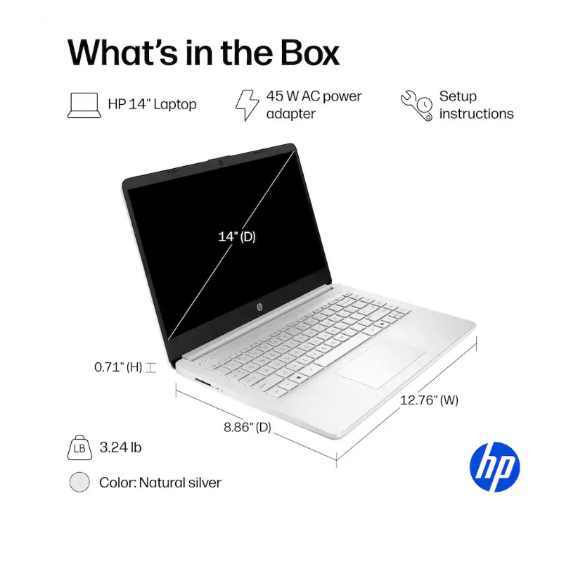 HP 14″ Laptop Intel N150 4GB RAM 128GB UFS Natural Silver