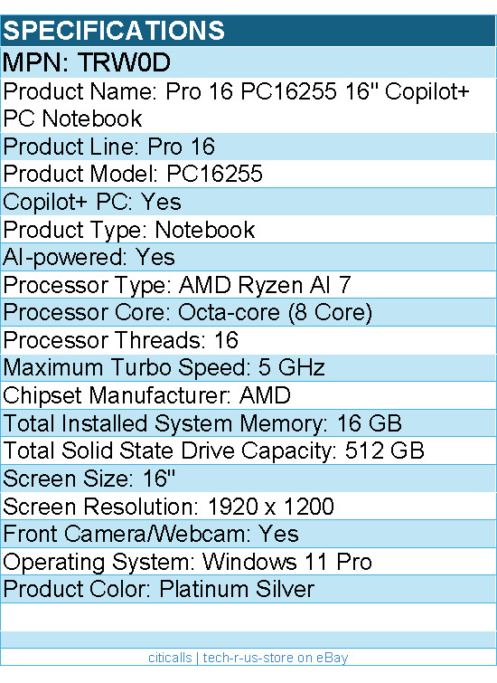 Dell TRW0D Pro 16 PC16255 Notebook – AMD Ryzen AI 7 – Platinum Silver