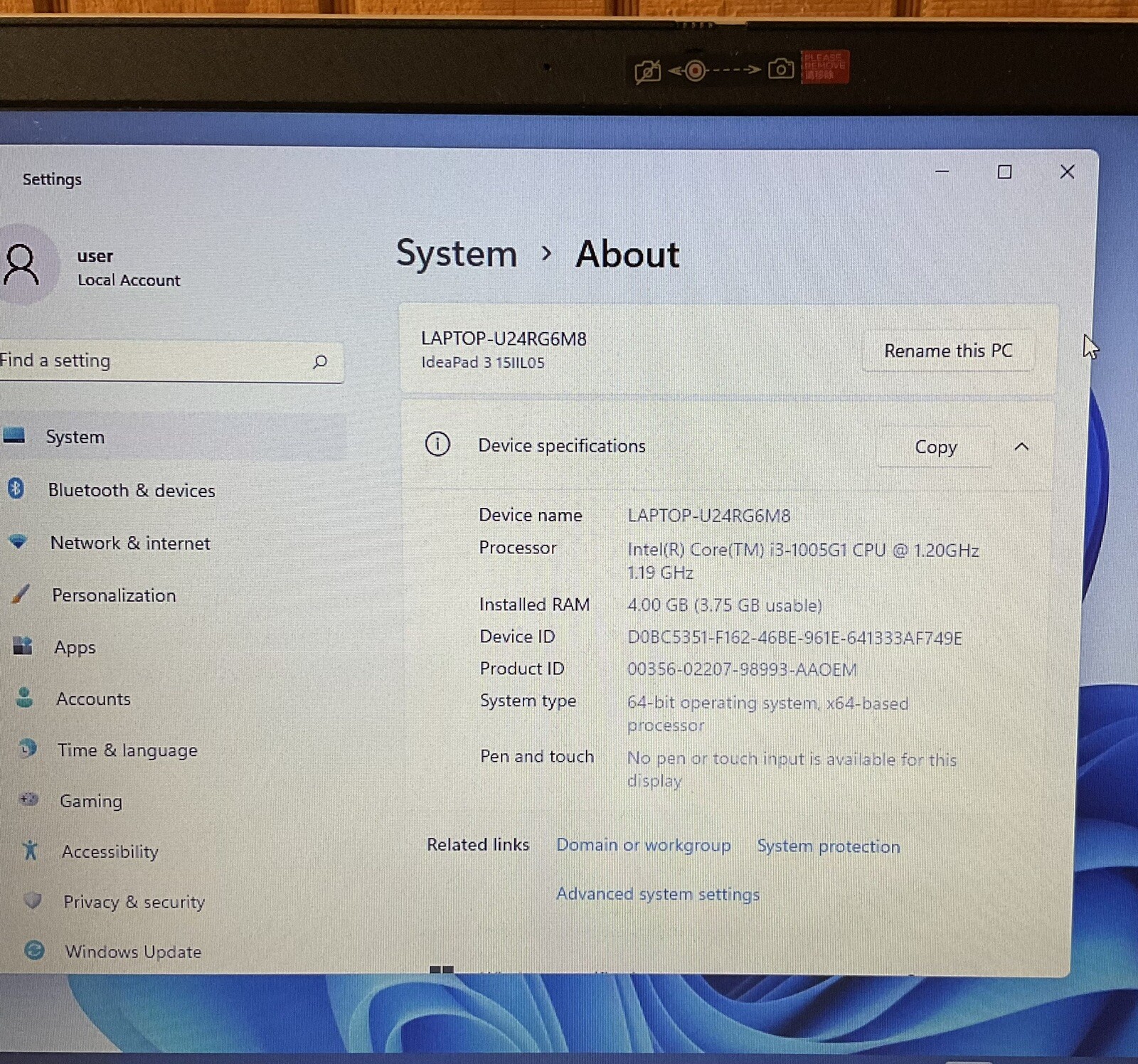 Lenovo IdeaPad 3 (Intel(R) Core(TM) 13-1005G1 CPU @ 1.20GHz1.19 GHz)