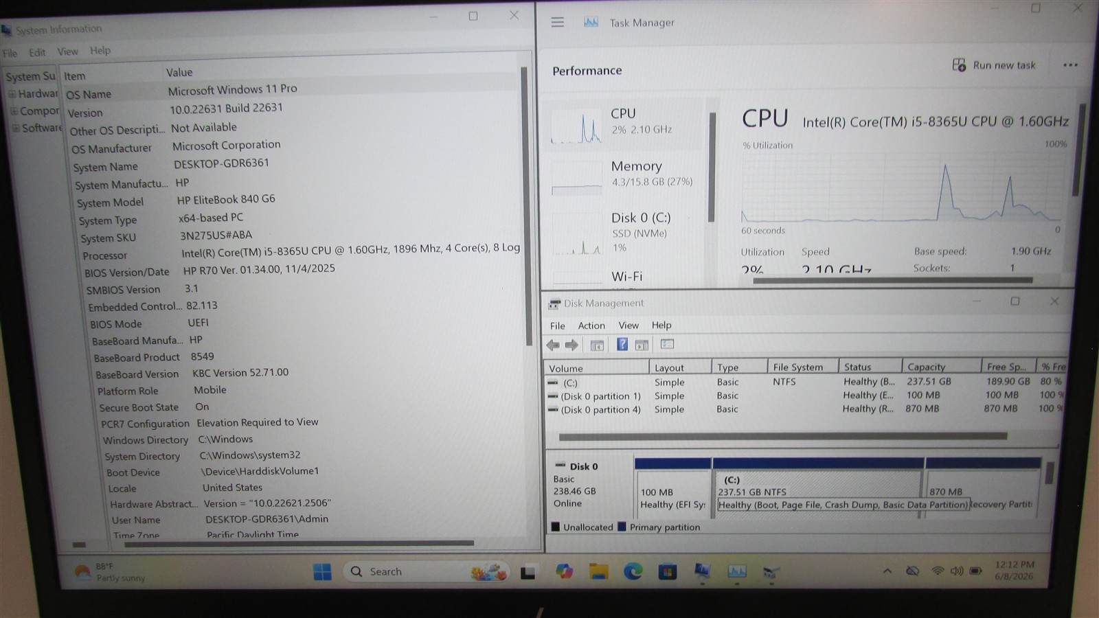 HP Elitebook 840 G6 i5-8365U 1.6GHz 16GB RAM 256GB NVME 14″ Win11 Pro Touch SPOT