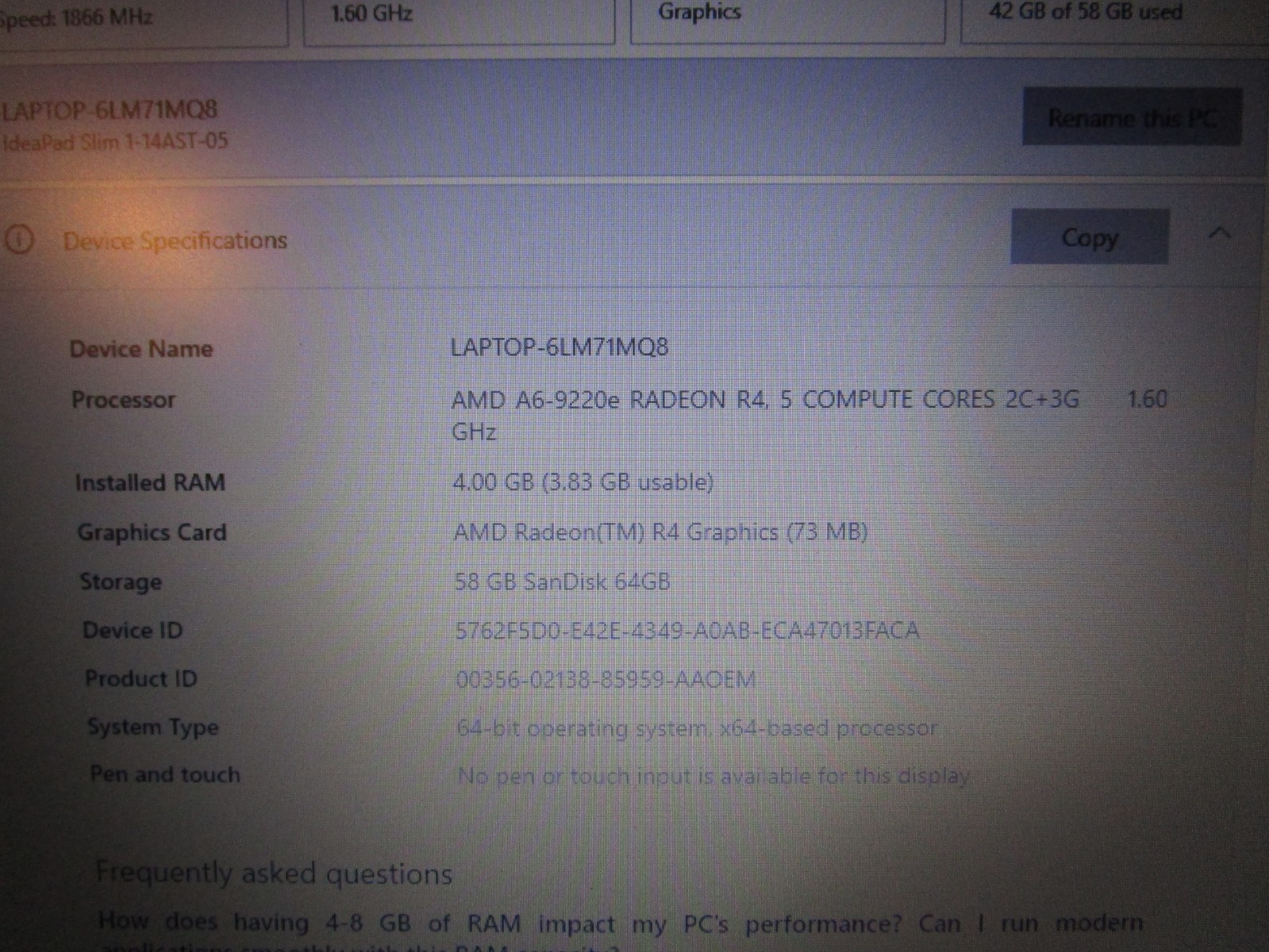 Lenovo IdeaPad 1 14″ (64 GB eMMC, AMD A6 A6-9220e, 1.60 GHz, 4GB) Laptop -…