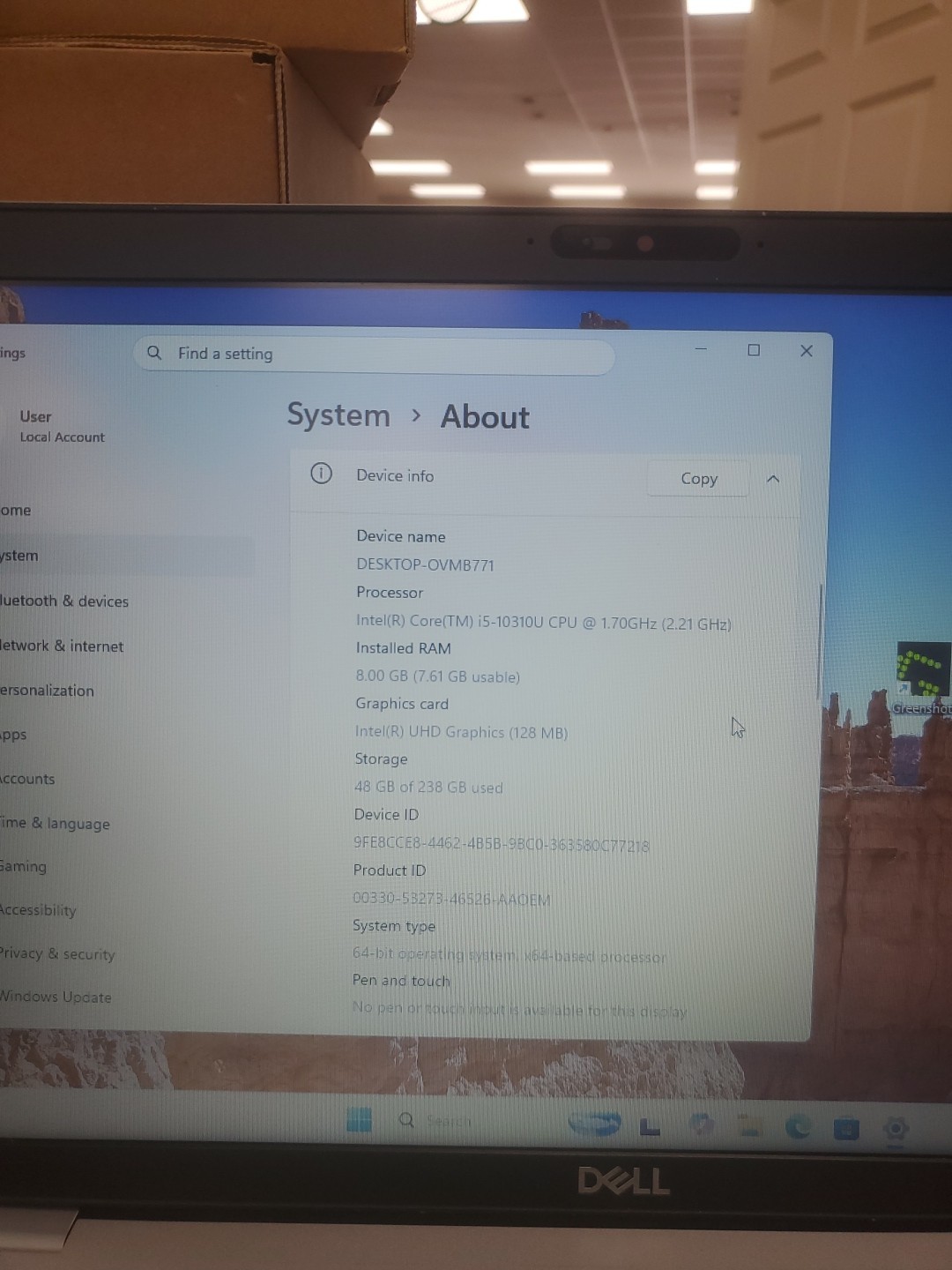 Dell Precision 3550 Laptop – i5-10310U 8GB 256GB SSD 15.6″ 051526-7