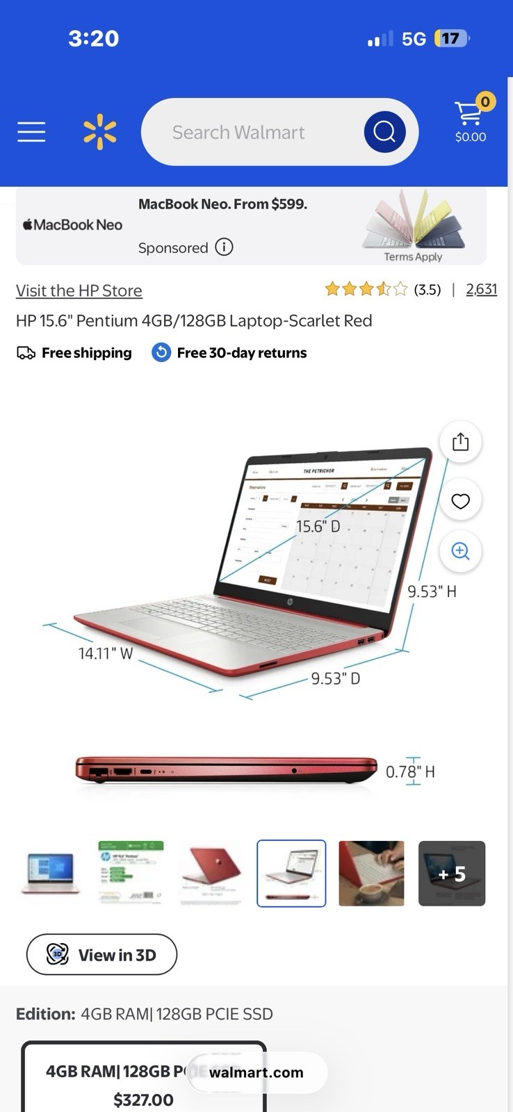 HP 15-FD0083WM 15.6″ (128GB SSD Intel Pentium N200 1.1GHz 4GB RAM) Laptop – Red