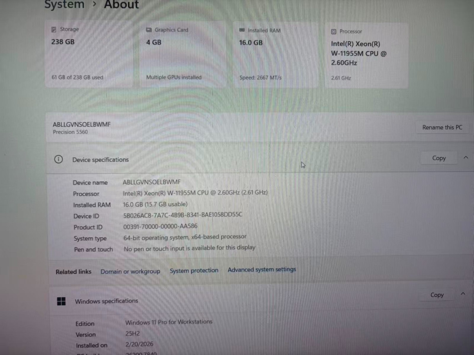 Dell Precision 5560 Xeon W-11955M 16GB 256GB SSD RTX A2000 Win 11 Pro N2