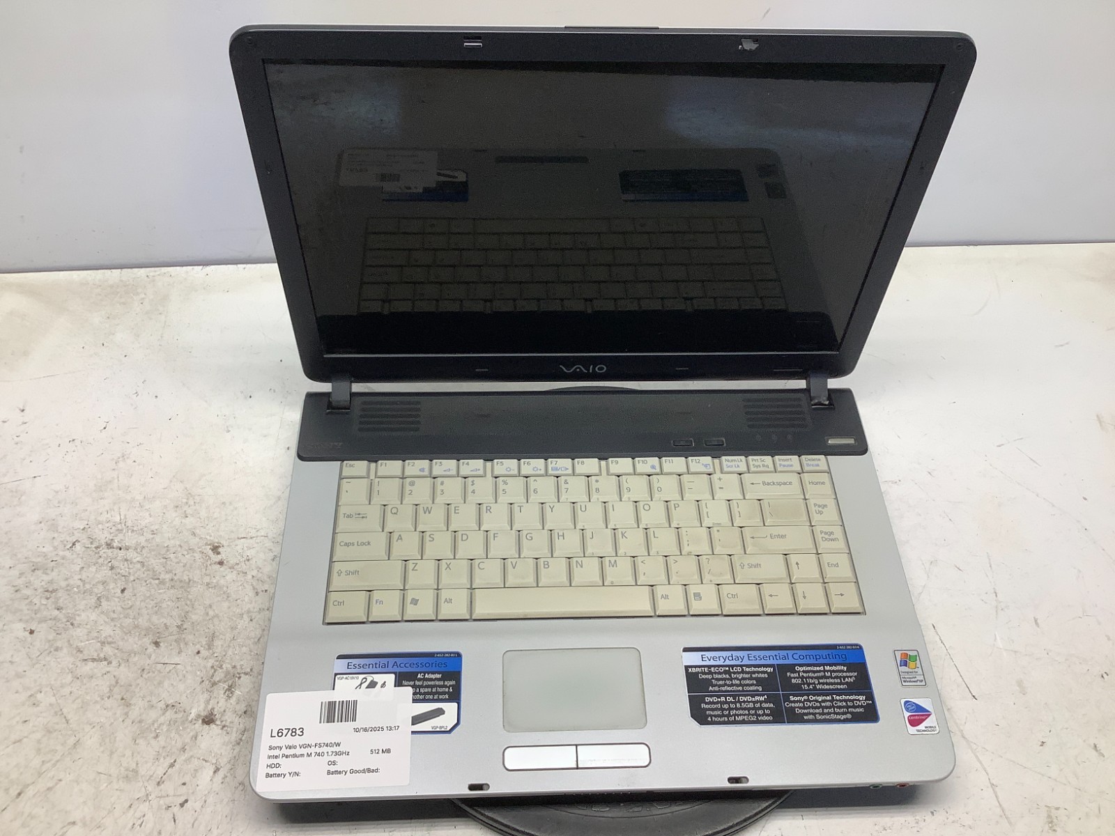 Sony Vaio VGN-FS740/W Intel Pentium M 740 1.73GHz 512 MB NO HDD/Battery