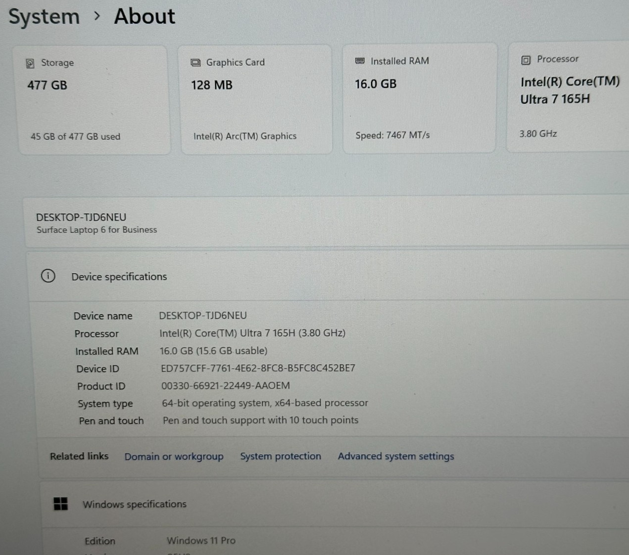 MICROSOFT SURFACE 6 LAPTOP CORE ULTRA 7 165H @ 3.8GHZ 16GB RAM 476GB SSD (lp708)