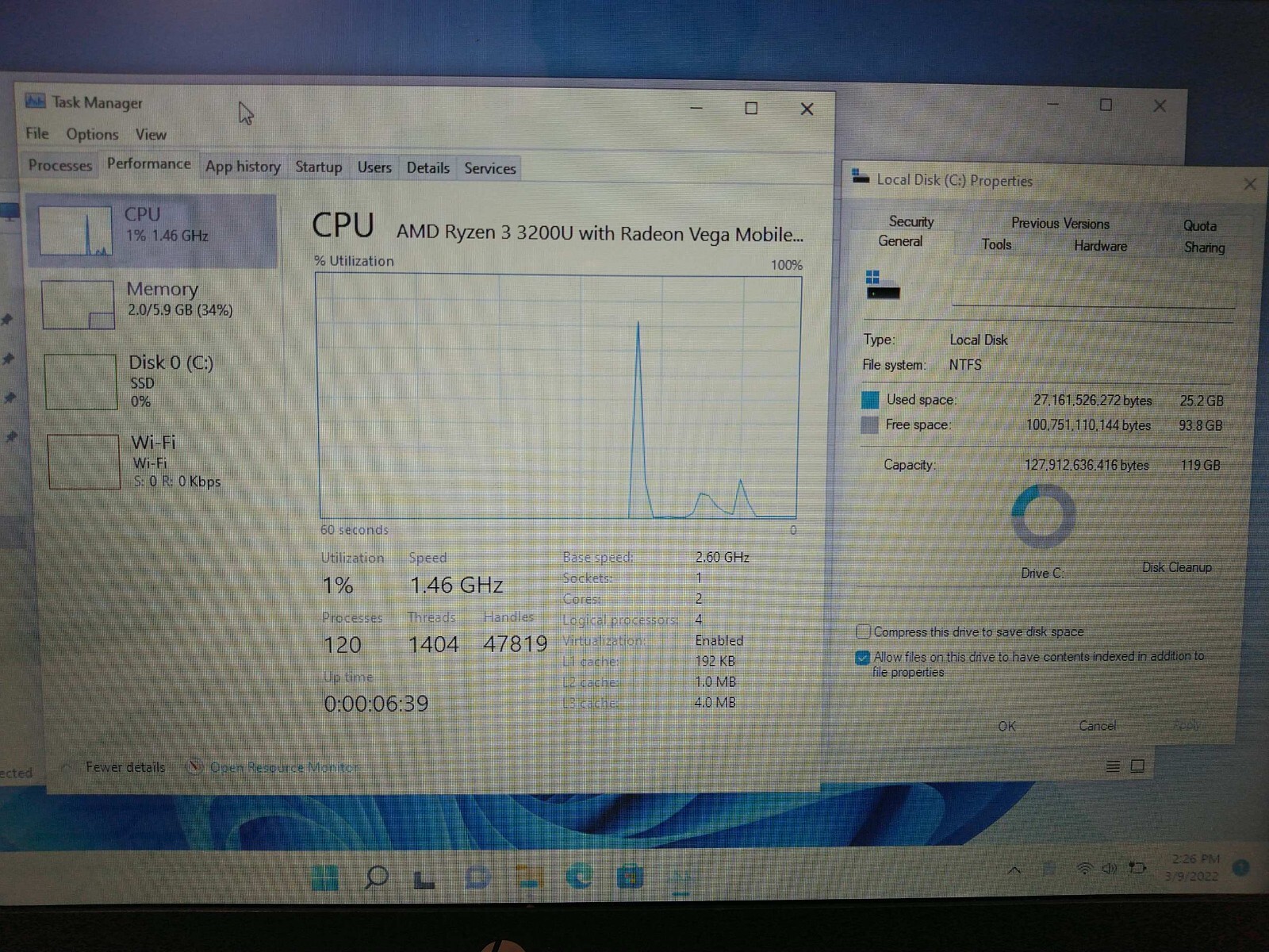 HP Laptop 14-dk0731ms Ryzen3 3200U 2.6GHz 8gb ram 128gb SSD charger 5CG9403C51