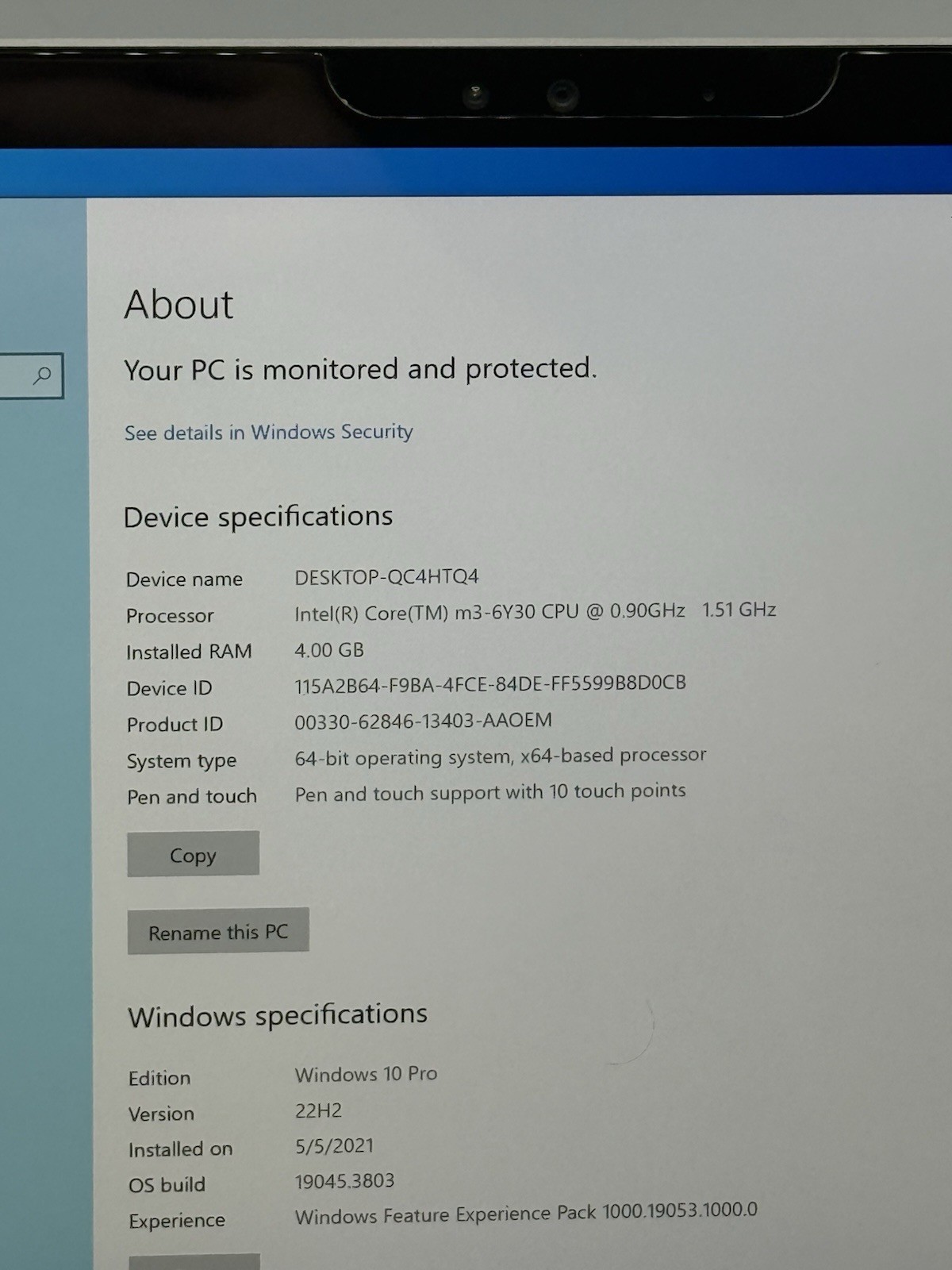 Microsoft Surface Pro 4 1724 12.3” Intel M3-6Y30 4GB RAM 128GB SSD Win10P