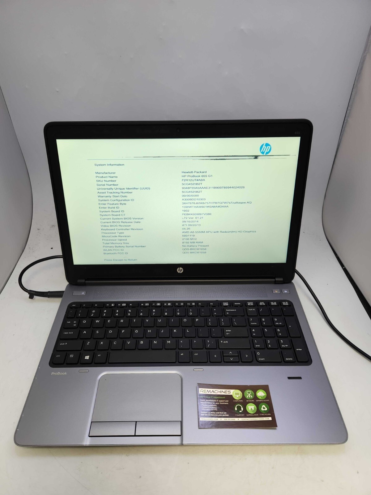 HP ProBook 655 G1 AMD A8-5550M APU 8GB RAM NO HDD NO OS, READ DESCRIPTION!