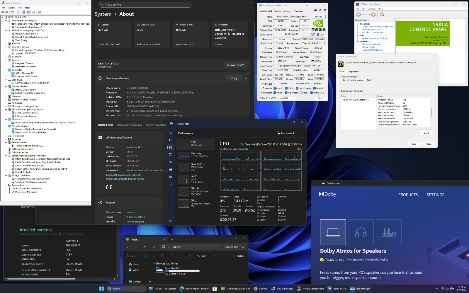 Lenovo ThinkPad P1 Gen 4 i7-11800H 16 2560×1600 16GB 512GB SSD NVIDIA RTX A2000