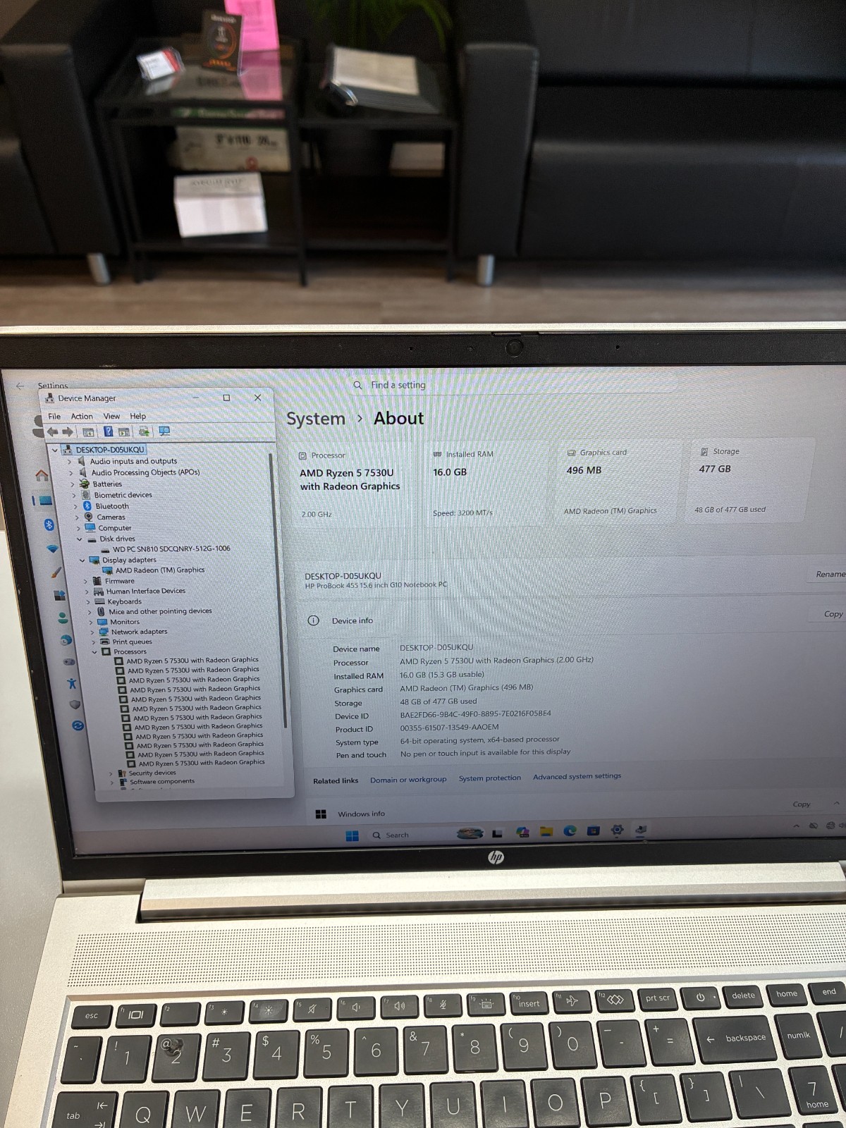HP ProBook 455 G10: 15.6″ / Ryzen 5 7530U / RAM 16Gb / SSD 512Gb / Win 11